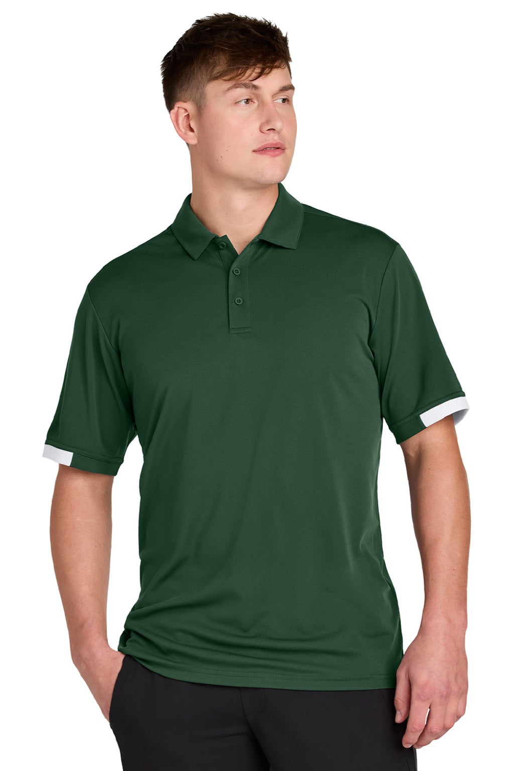 Sport-Tek ST444 Mens Club Colorblock Moisture Wicking Short Sleeve Polo Shirt Forest Green/White Model Front