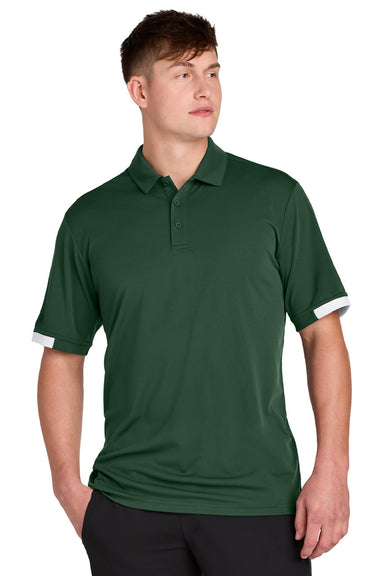 Sport-Tek ST444 Mens Club Colorblock Moisture Wicking Short Sleeve Polo Shirt Forest Green/White Model Front