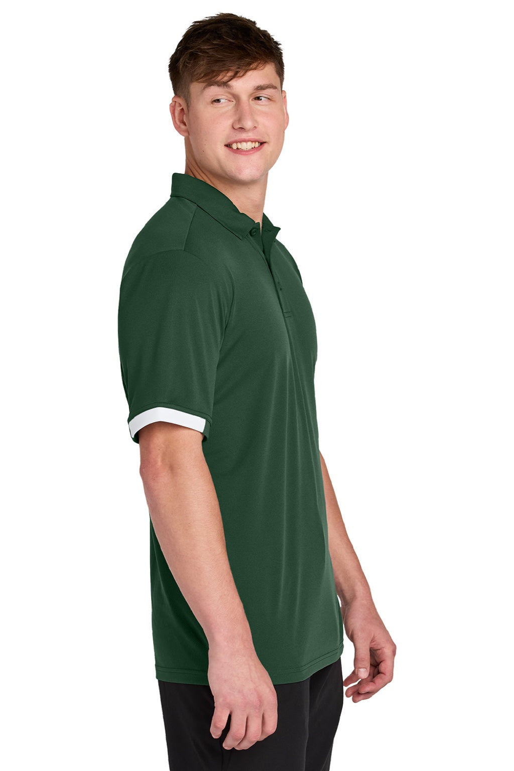 Sport-Tek ST444 Mens Club Colorblock Moisture Wicking Short Sleeve Polo Shirt Forest Green/White Model Side