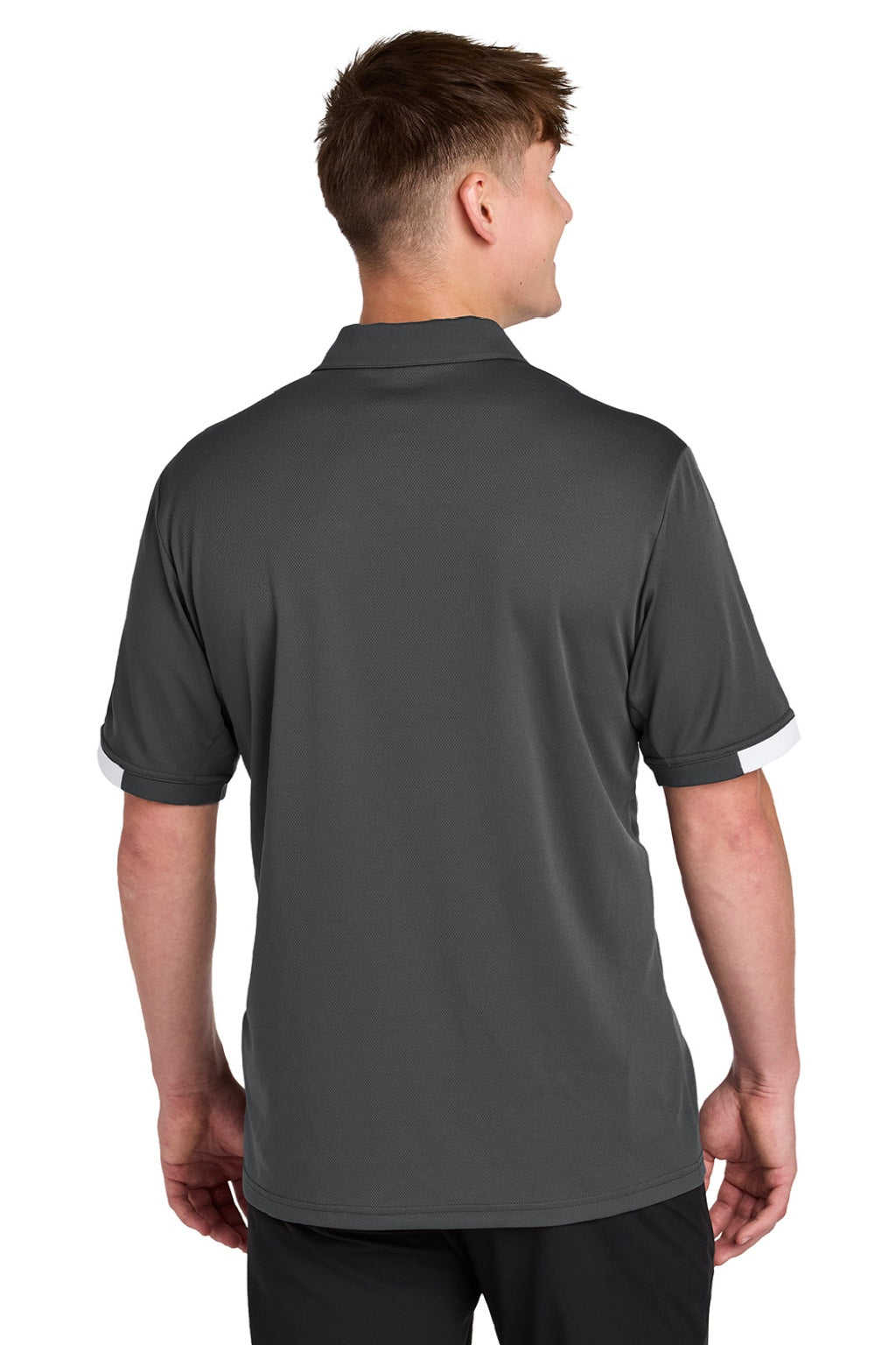 Sport-Tek ST444 Mens Club Colorblock Moisture Wicking Short Sleeve Polo Shirt Iron Grey/White Model Back