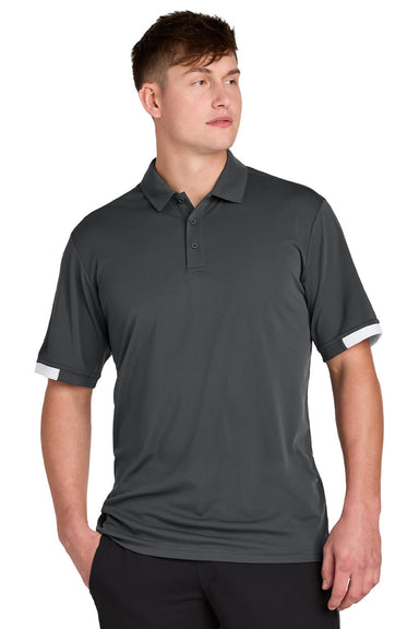 Sport-Tek ST444 Mens Club Colorblock Moisture Wicking Short Sleeve Polo Shirt Iron Grey/White Model Front