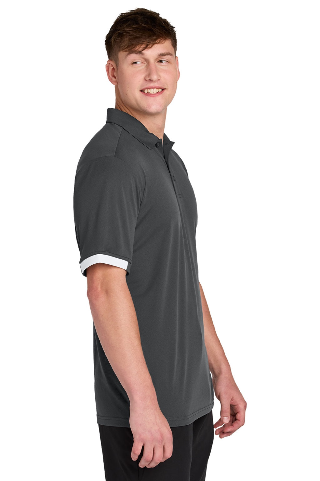 Sport-Tek ST444 Mens Club Colorblock Moisture Wicking Short Sleeve Polo Shirt Iron Grey/White Model Side