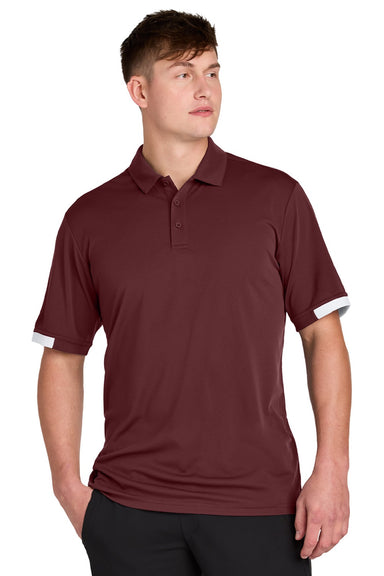 Sport-Tek ST444 Mens Club Colorblock Moisture Wicking Short Sleeve Polo Shirt Maroon/White Model Front