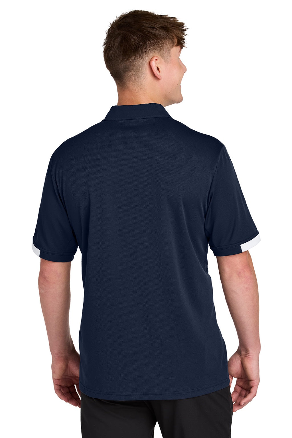 Sport-Tek ST444 Mens Club Colorblock Moisture Wicking Short Sleeve Polo Shirt True Navy Blue/White Model Back