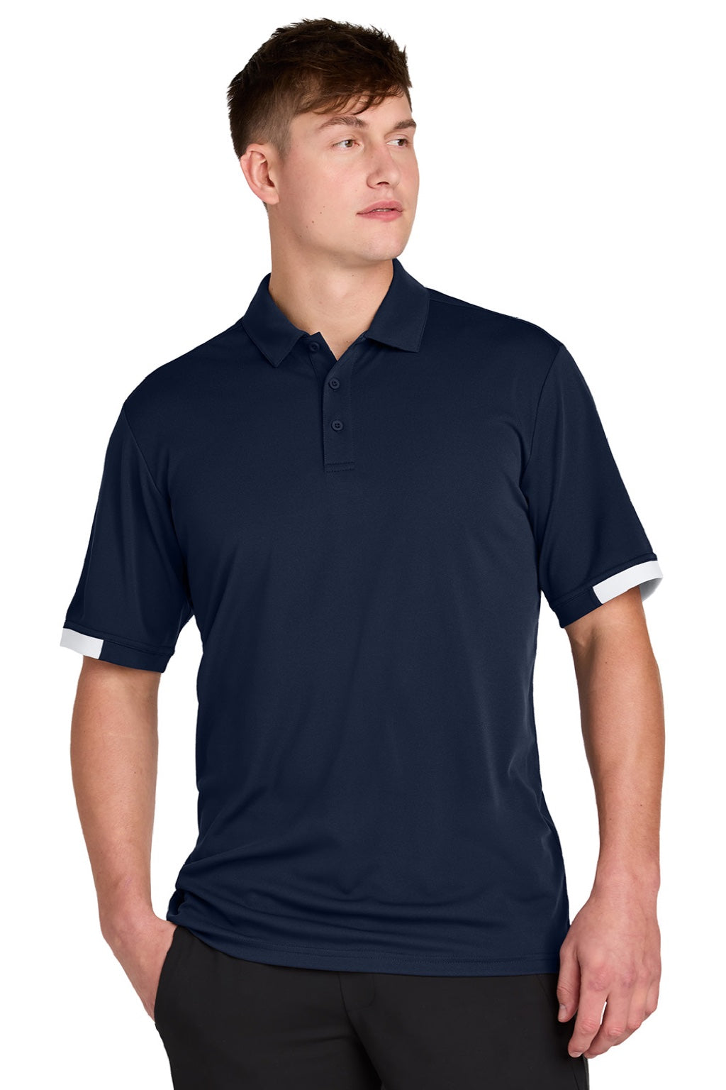 Sport-Tek ST444 Mens Club Colorblock Moisture Wicking Short Sleeve Polo Shirt True Navy Blue/White Model Front