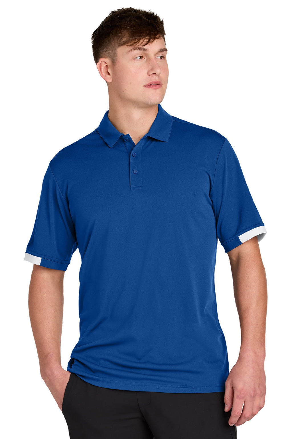 Sport-Tek ST444 Mens Club Colorblock Moisture Wicking Short Sleeve Polo Shirt True Royal Blue/White Model Front