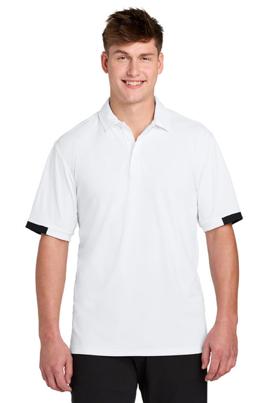 Sport-Tek ST444 Mens Club Colorblock Moisture Wicking Short Sleeve Polo Shirt White/Black Model Front