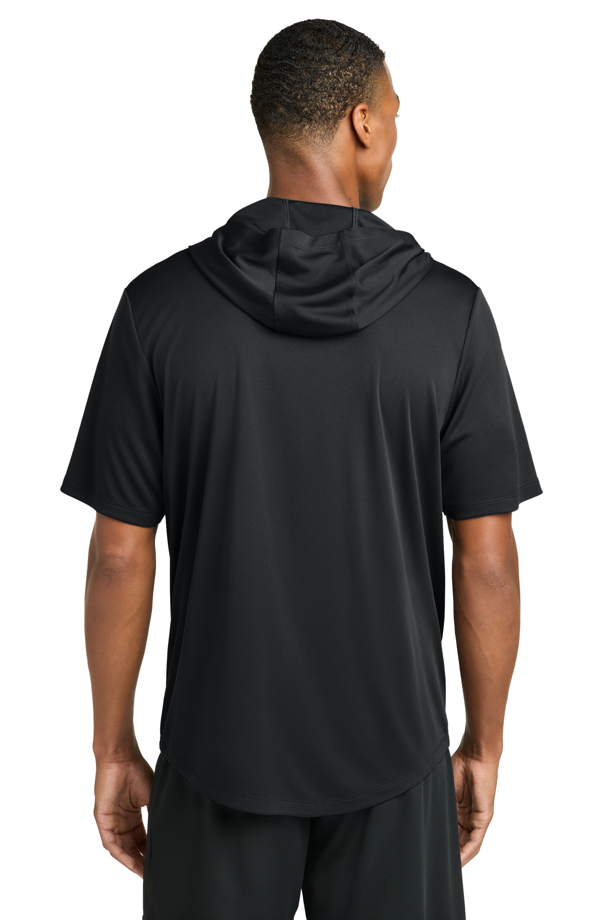 Sport-Tek ST445 Mens Club Short Sleeve Hooded T-Shirt Hoodie Black Model Back