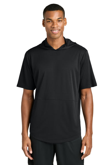 Sport-Tek ST445 Mens Club Short Sleeve Hooded T-Shirt Hoodie Black Model Front