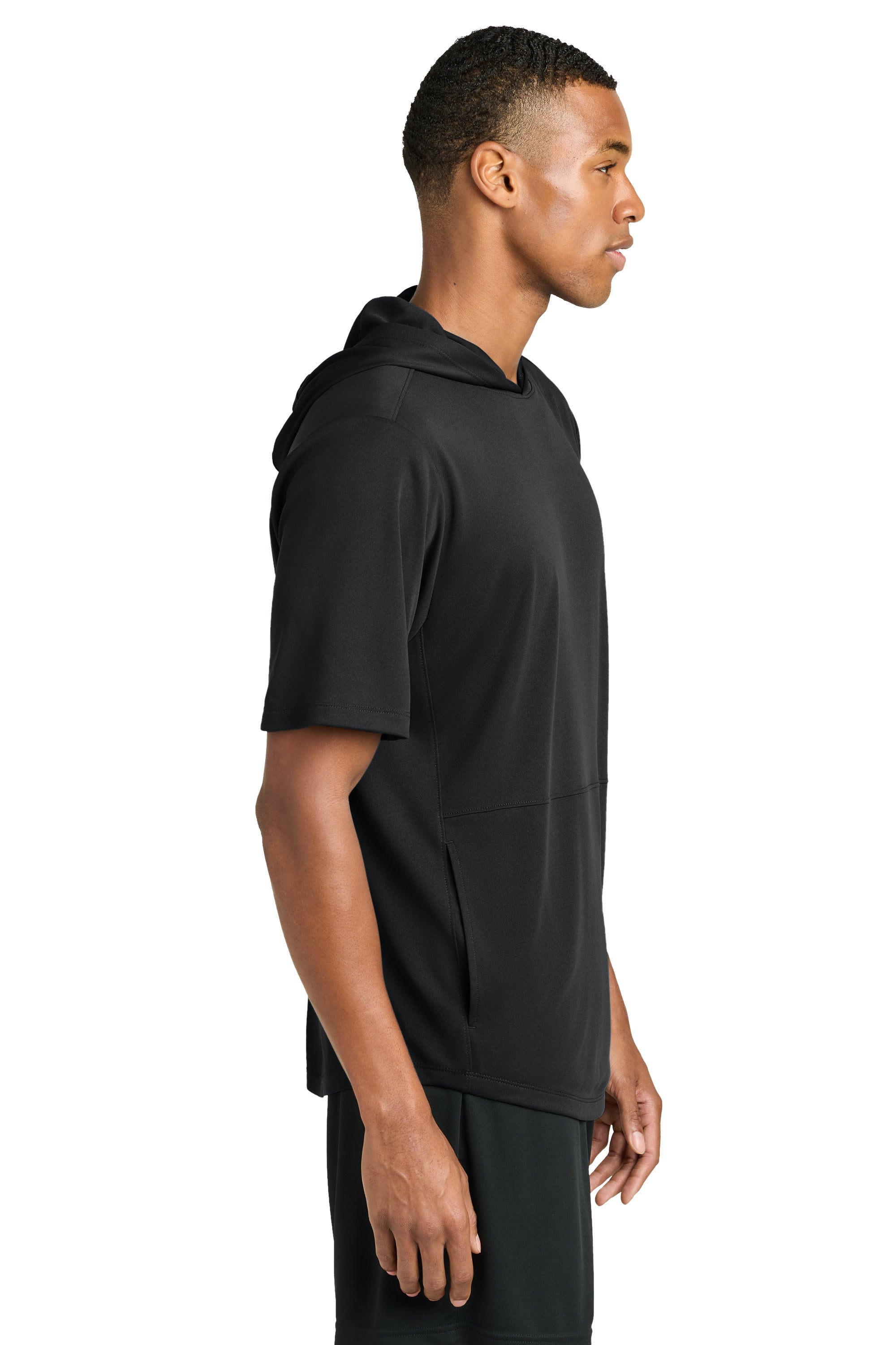 Sport-Tek ST445 Mens Club Short Sleeve Hooded T-Shirt Hoodie Black Model Side