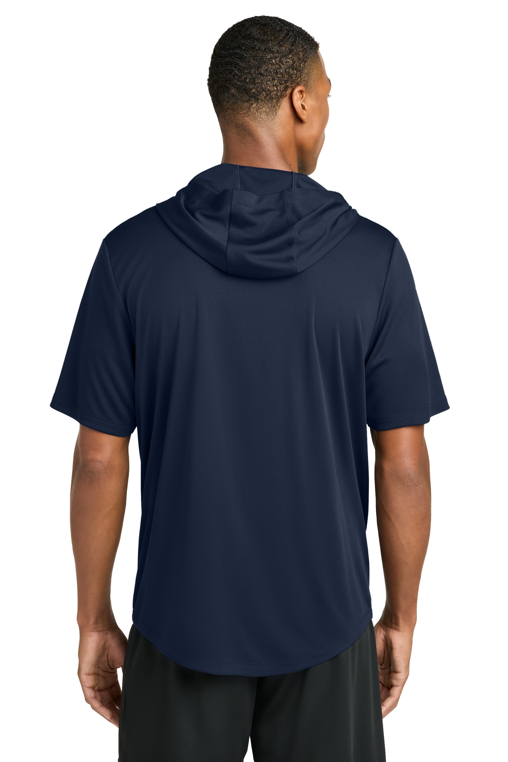 Sport-Tek ST445 Mens Club Short Sleeve Hooded T-Shirt Hoodie True Navy Blue Model Back