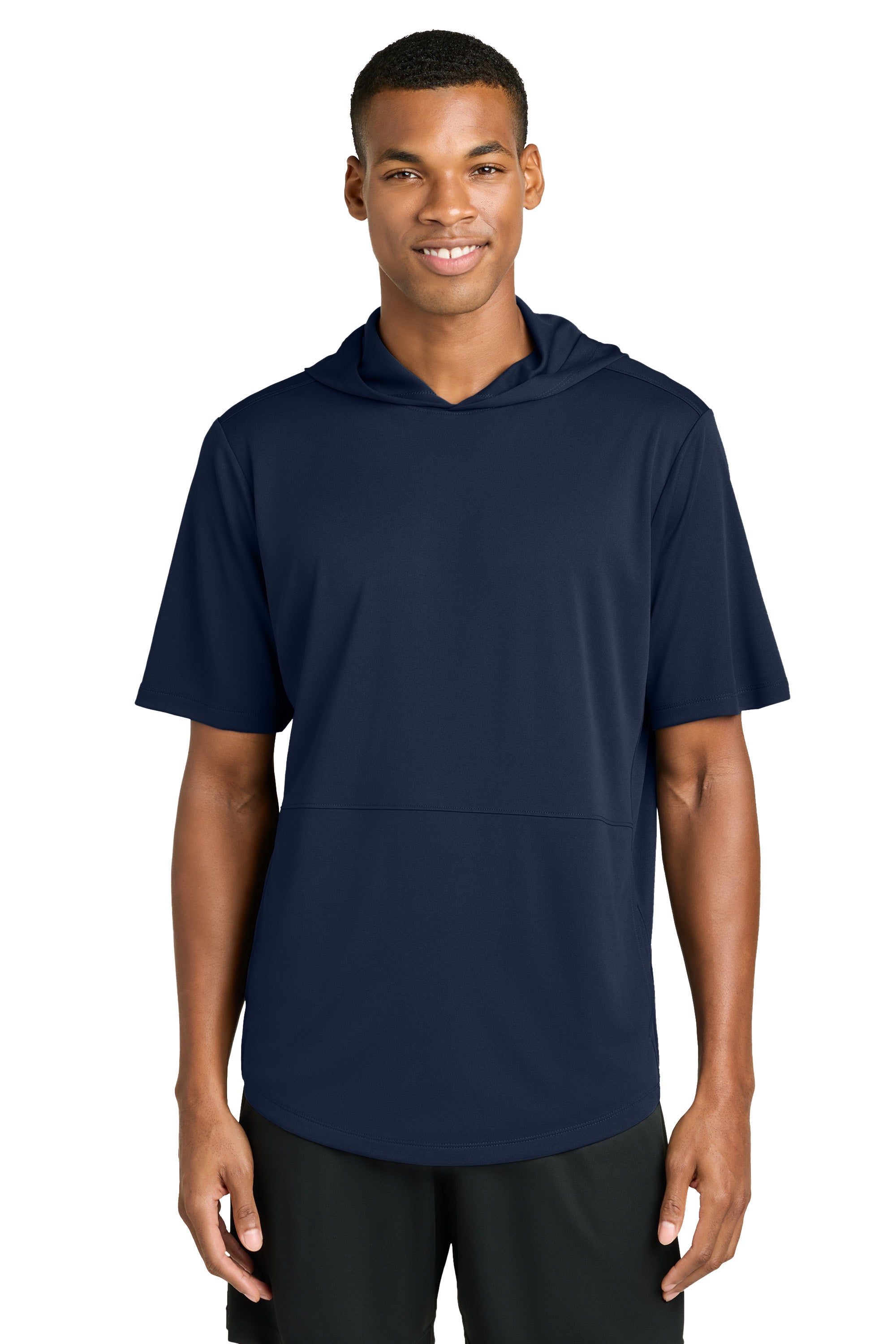 Sport-Tek ST445 Mens Club Short Sleeve Hooded T-Shirt Hoodie True Navy Blue Model Front