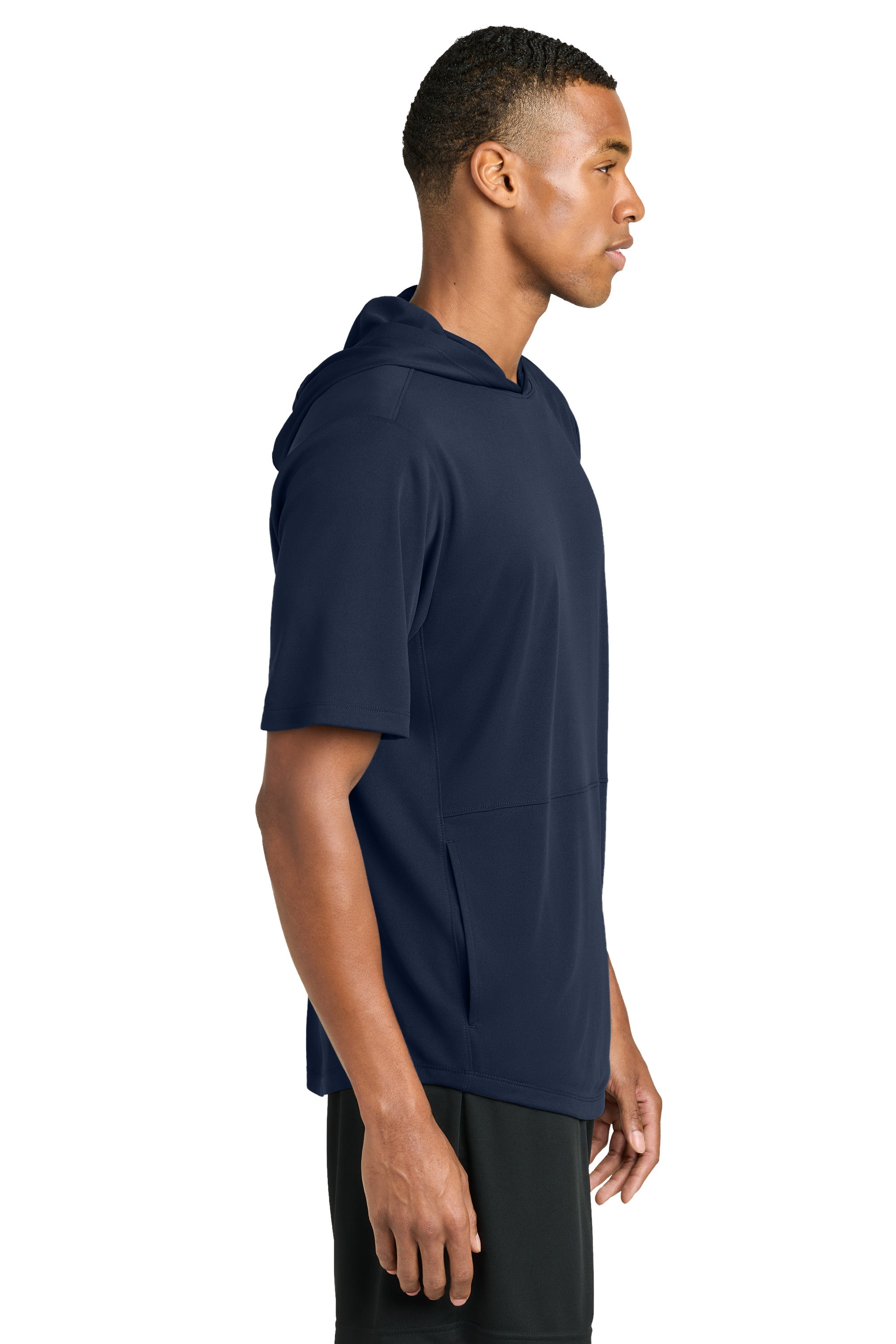 Sport-Tek ST445 Mens Club Short Sleeve Hooded T-Shirt Hoodie True Navy Blue Model Side