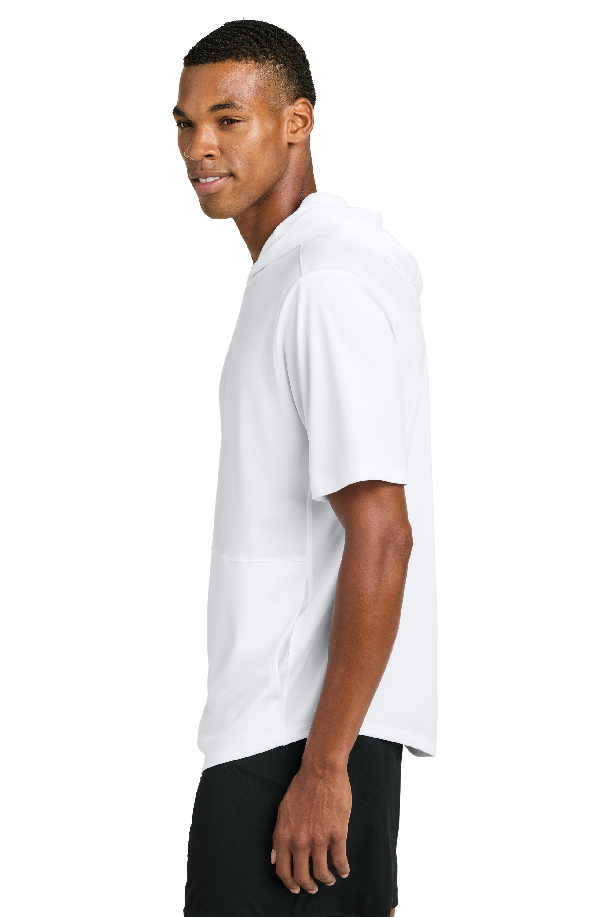 Sport-Tek ST445 Mens Club Short Sleeve Hooded T-Shirt Hoodie White Model Side
