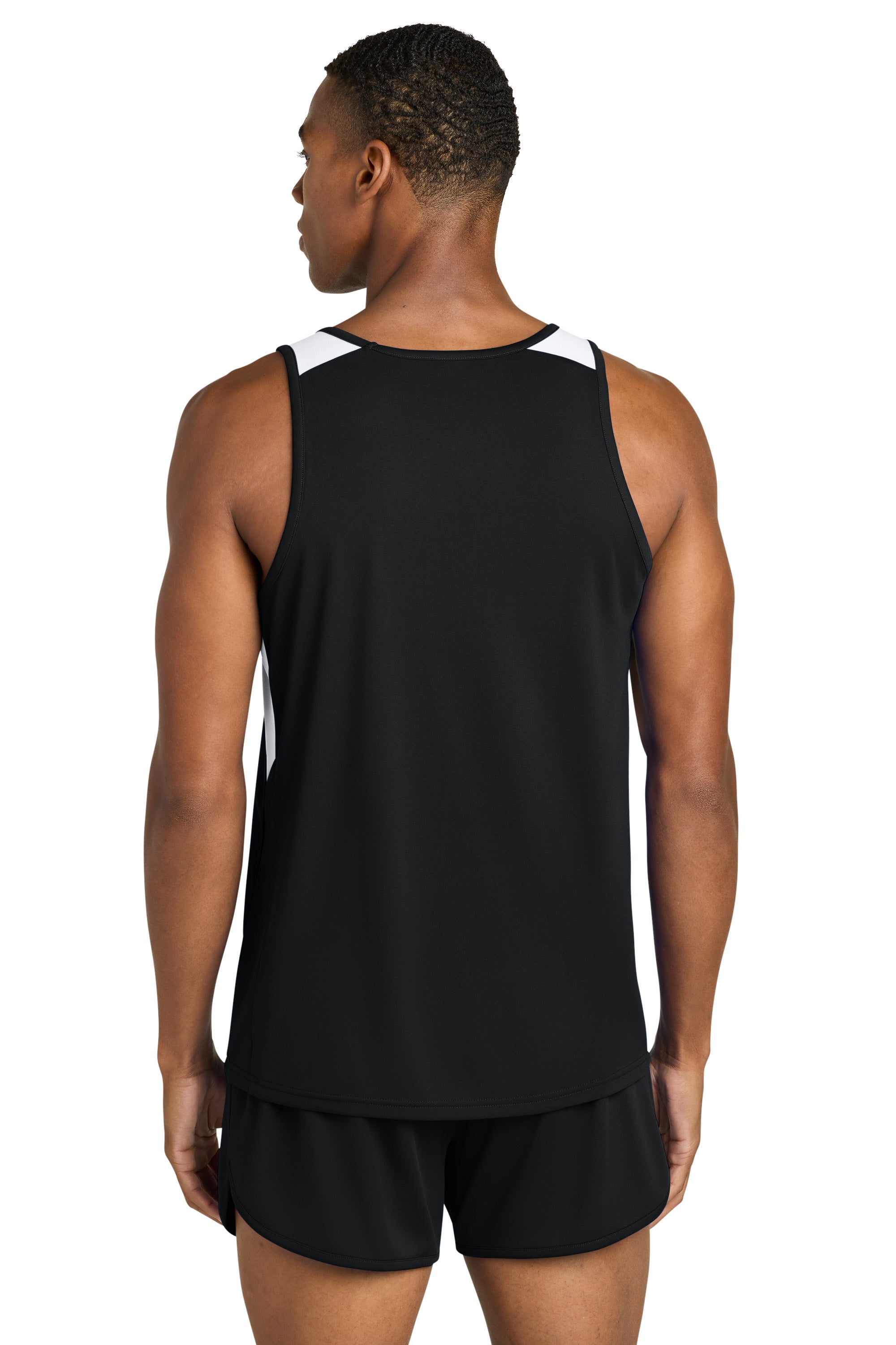 Sport-Tek ST446 Mens Club Track Tank Top Black/White Model Back