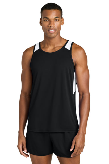 Sport-Tek ST446 Mens Club Track Tank Top Black/White Model Front