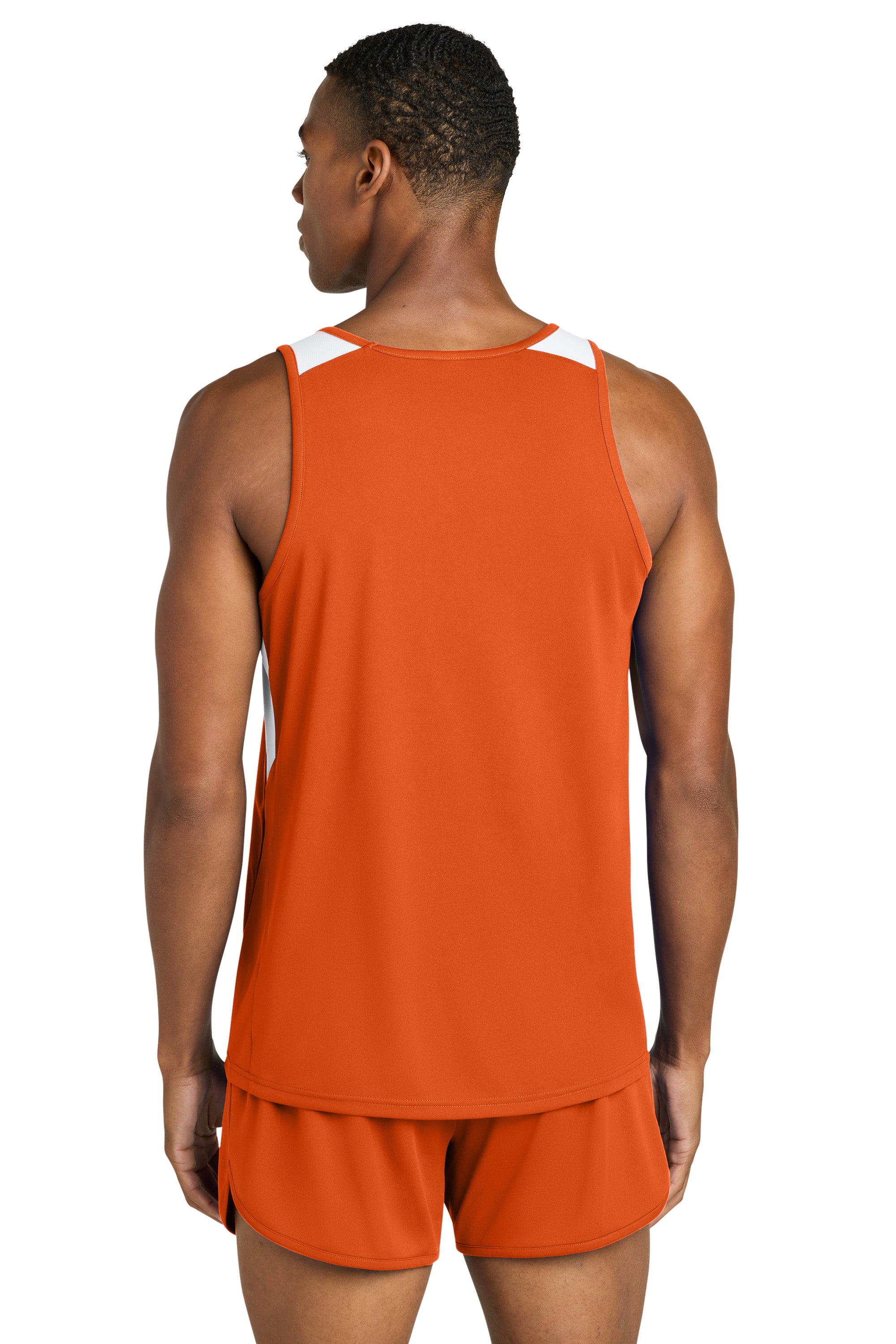 Sport-Tek ST446 Mens Club Track Tank Top Deep Orange/White Model Back