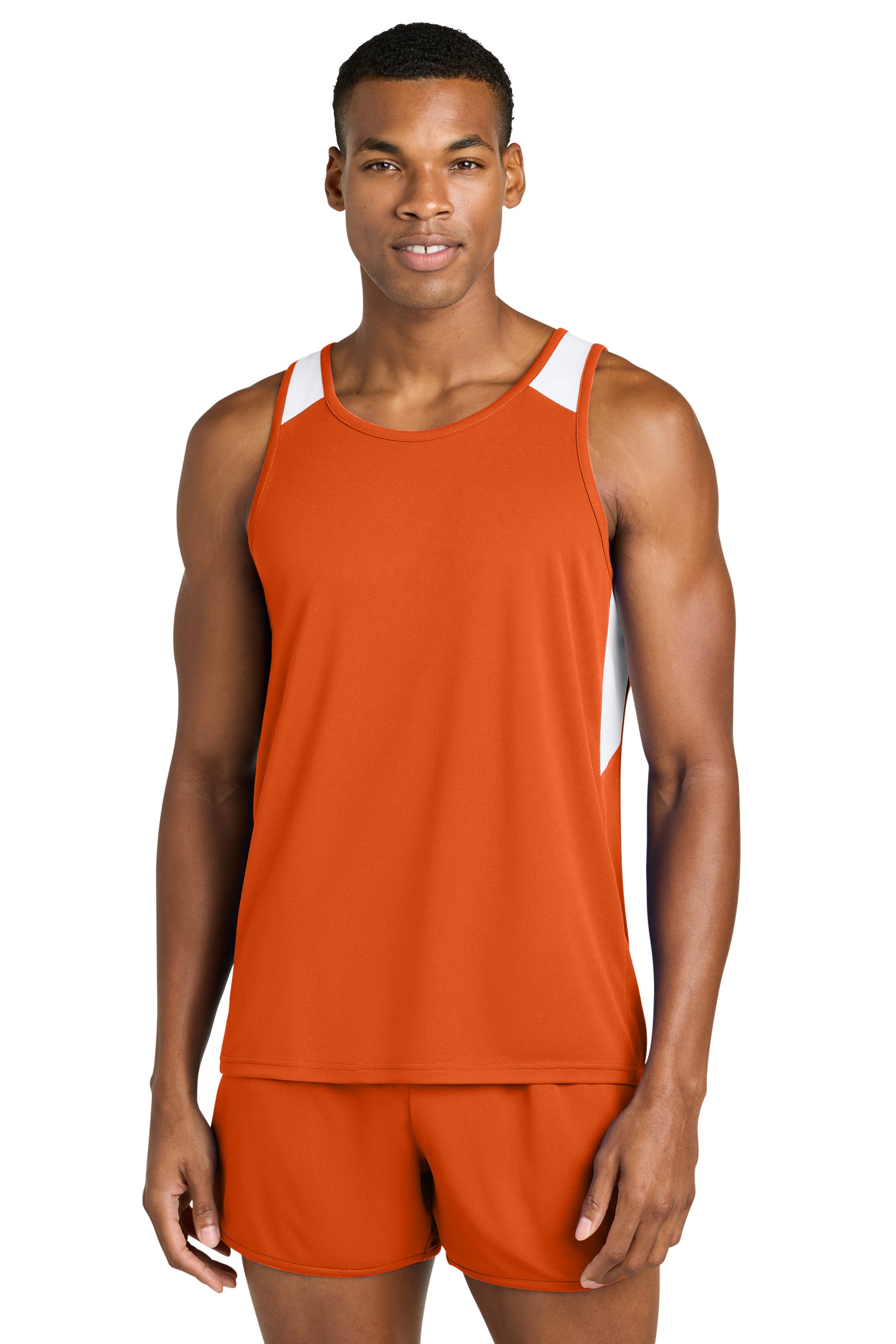 Sport-Tek ST446 Mens Club Track Tank Top Deep Orange/White Model Front