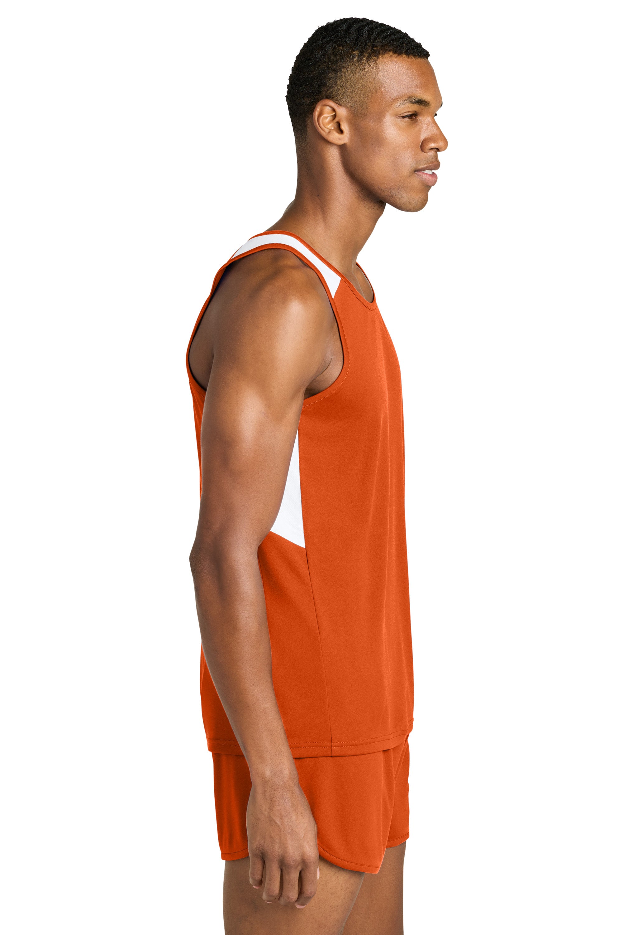 Sport-Tek ST446 Mens Club Track Tank Top Deep Orange/White Model Side