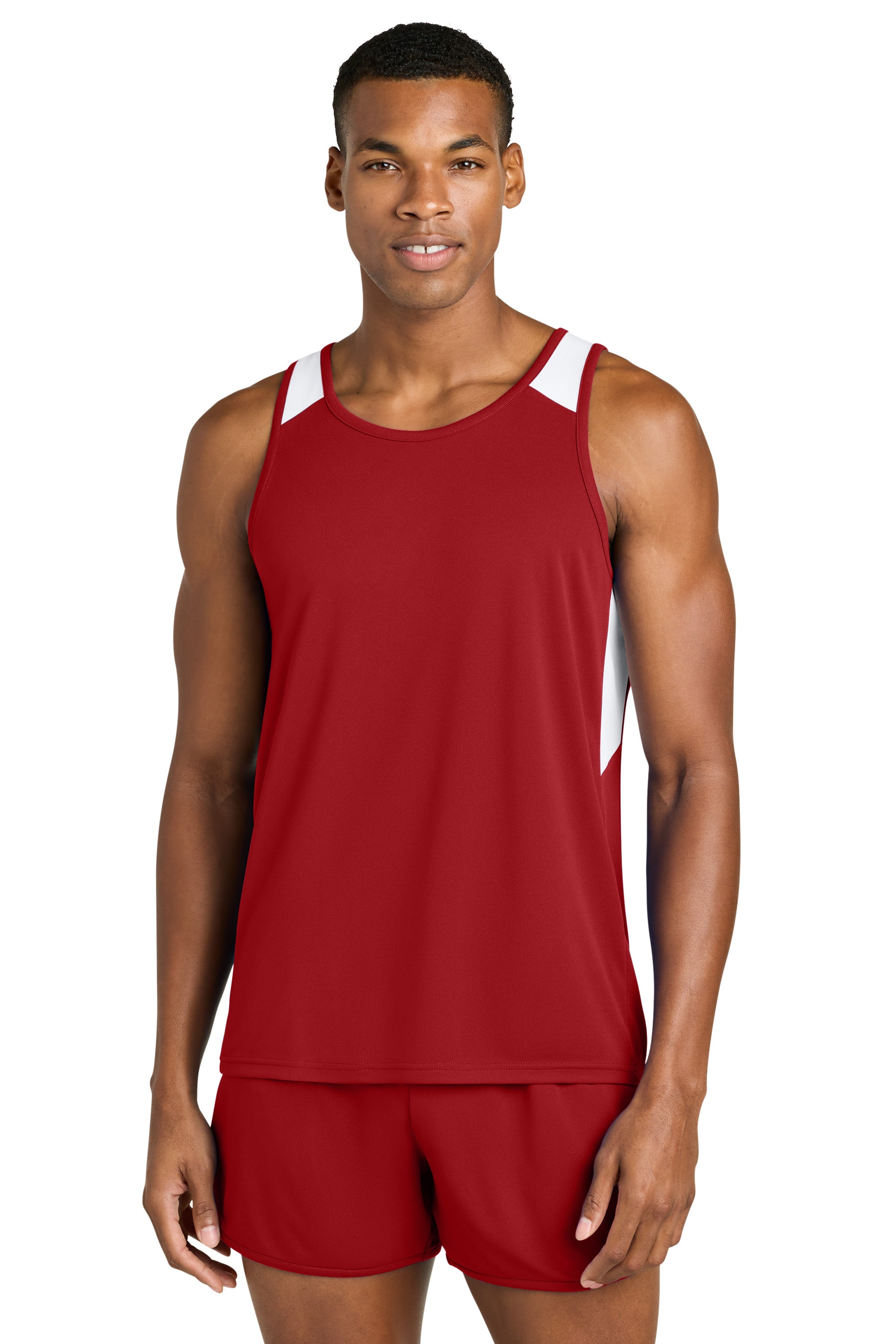 Sport-Tek ST446 Mens Club Track Tank Top Deep Red/White Model Front