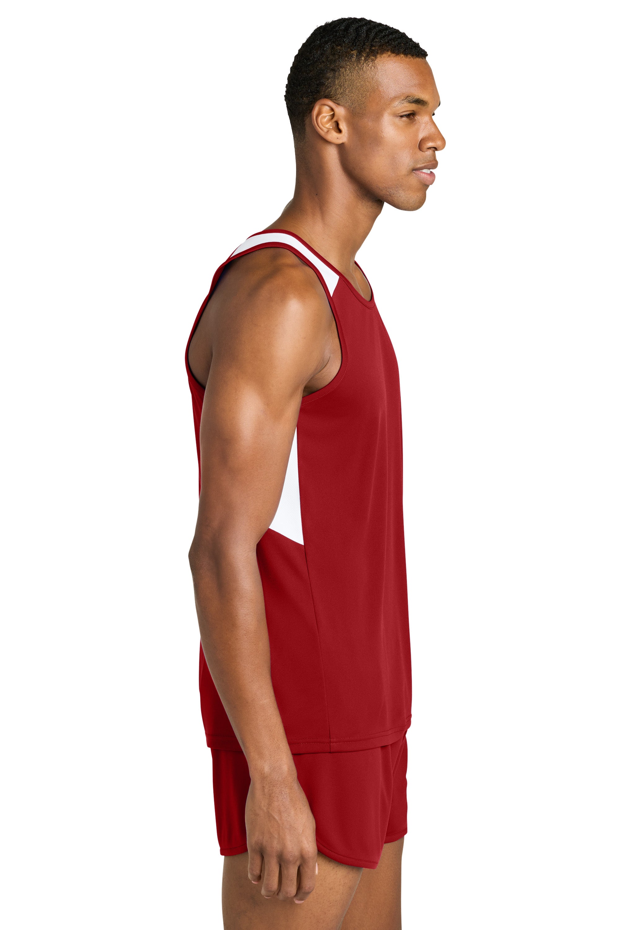 Sport-Tek ST446 Mens Club Track Tank Top Deep Red/White Model Side