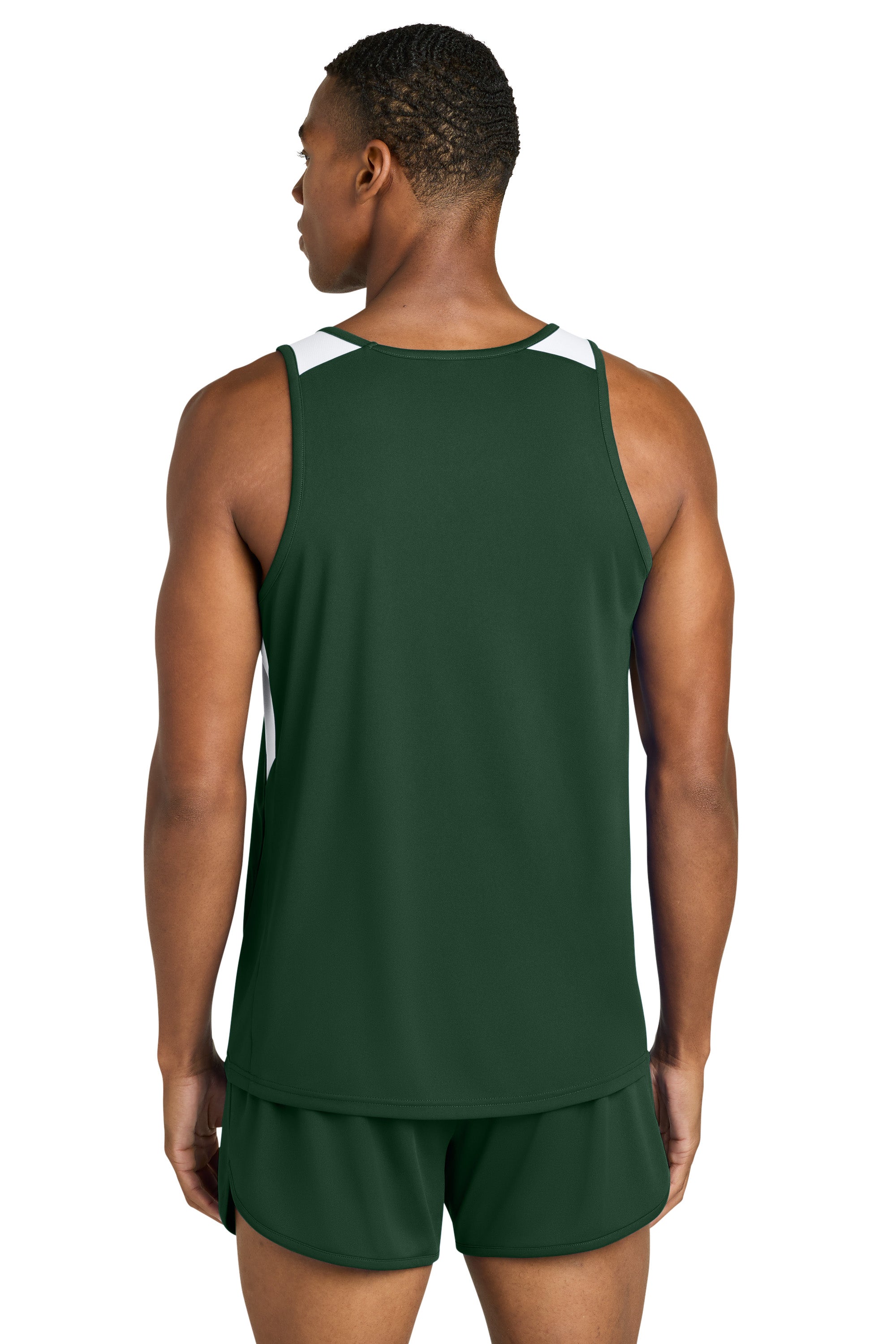 Sport-Tek ST446 Mens Club Track Tank Top Forest Green/White Model Back