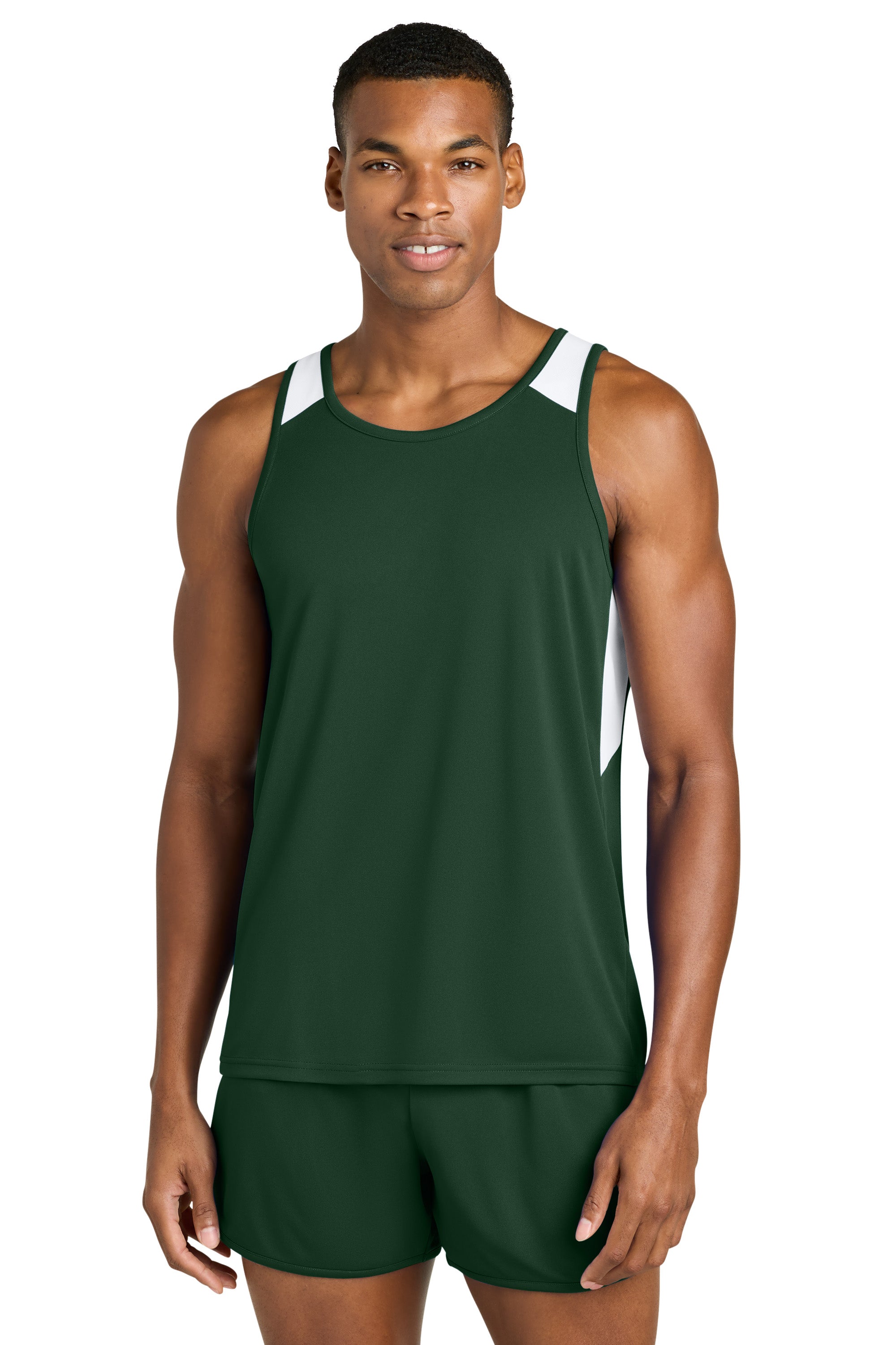 Sport-Tek ST446 Mens Club Track Tank Top Forest Green/White Model Front