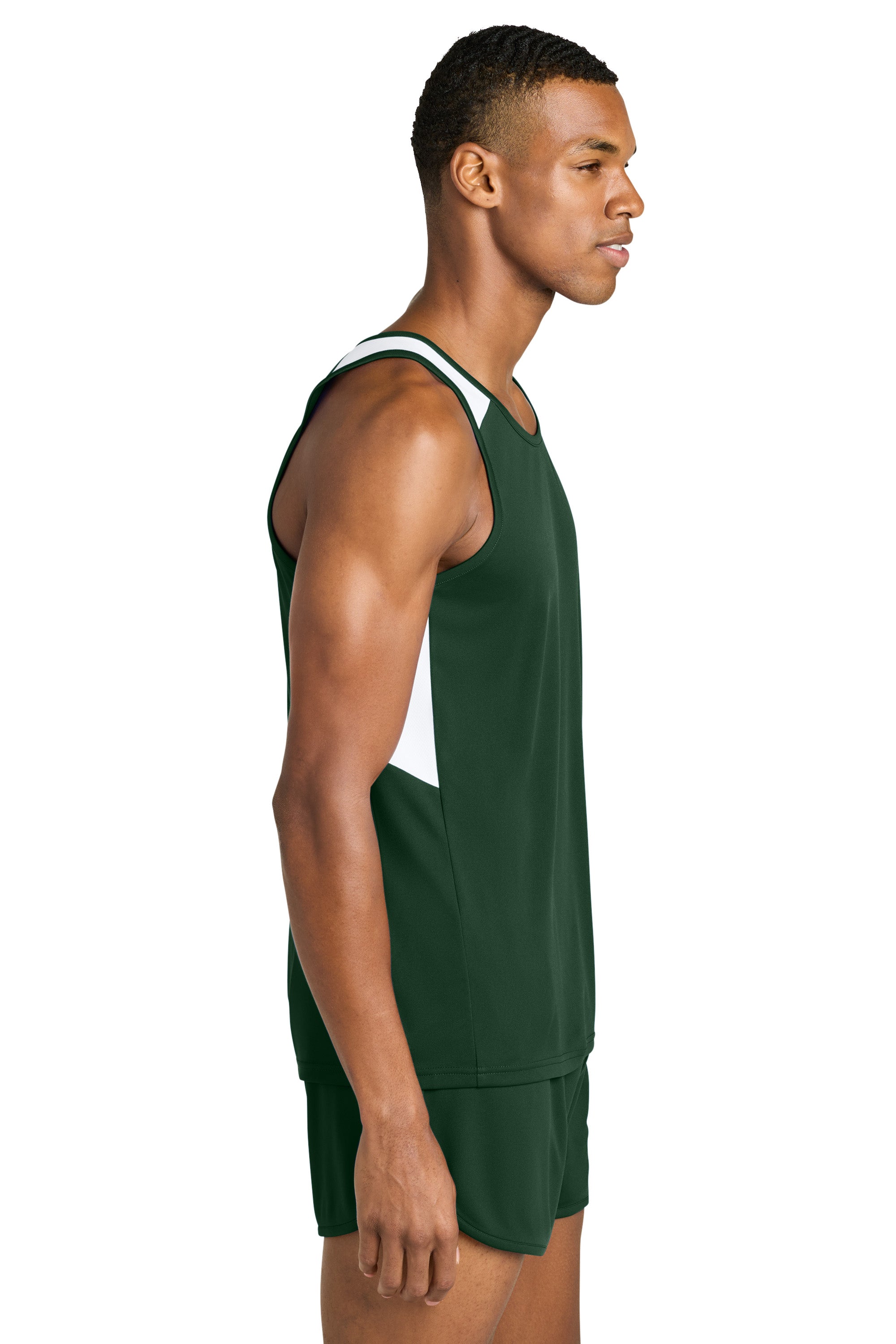 Sport-Tek ST446 Mens Club Track Tank Top Forest Green/White Model Side