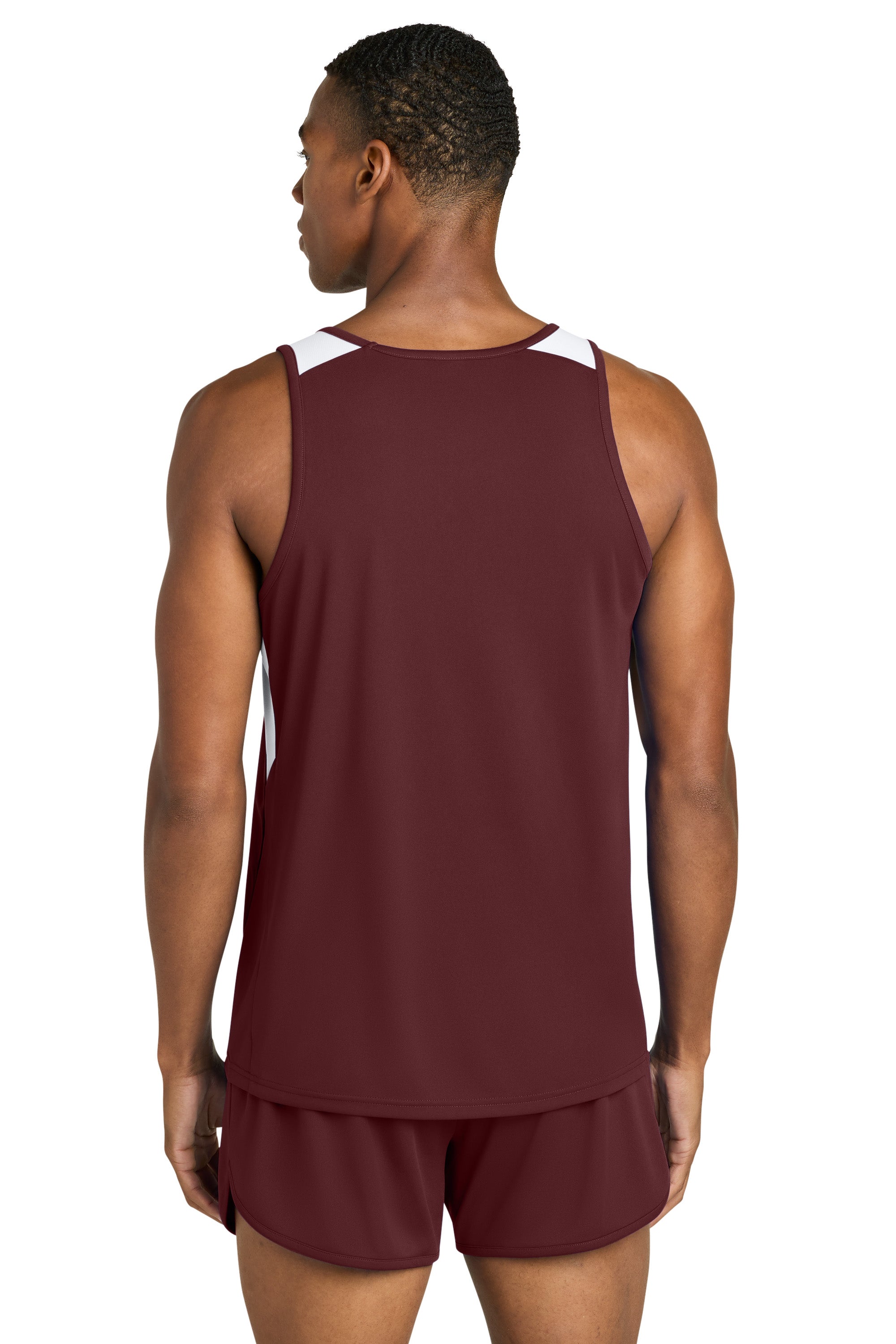 Sport-Tek ST446 Mens Club Track Tank Top Maroon/White Model Back