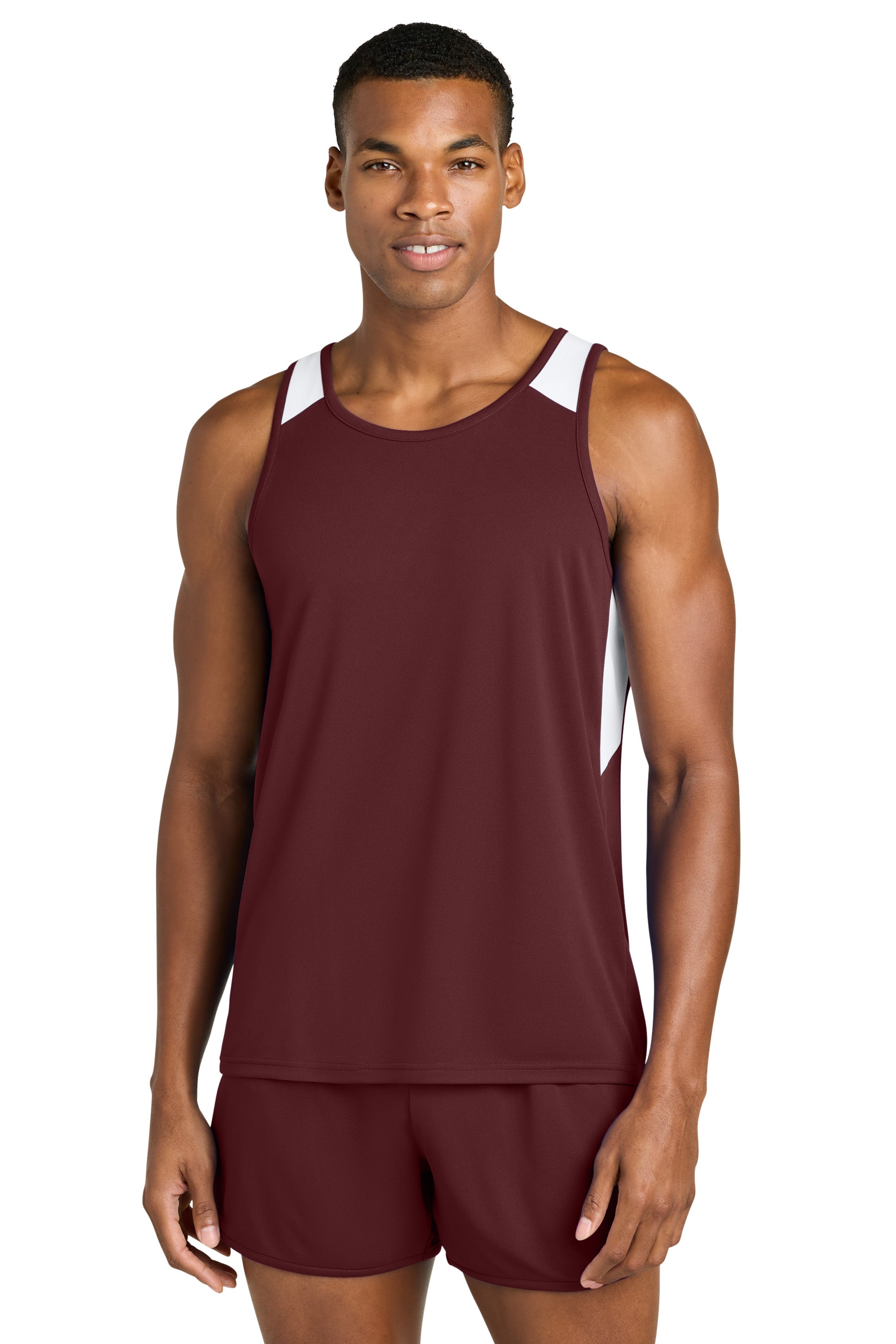 Sport-Tek ST446 Mens Club Track Tank Top Maroon/White Model Front