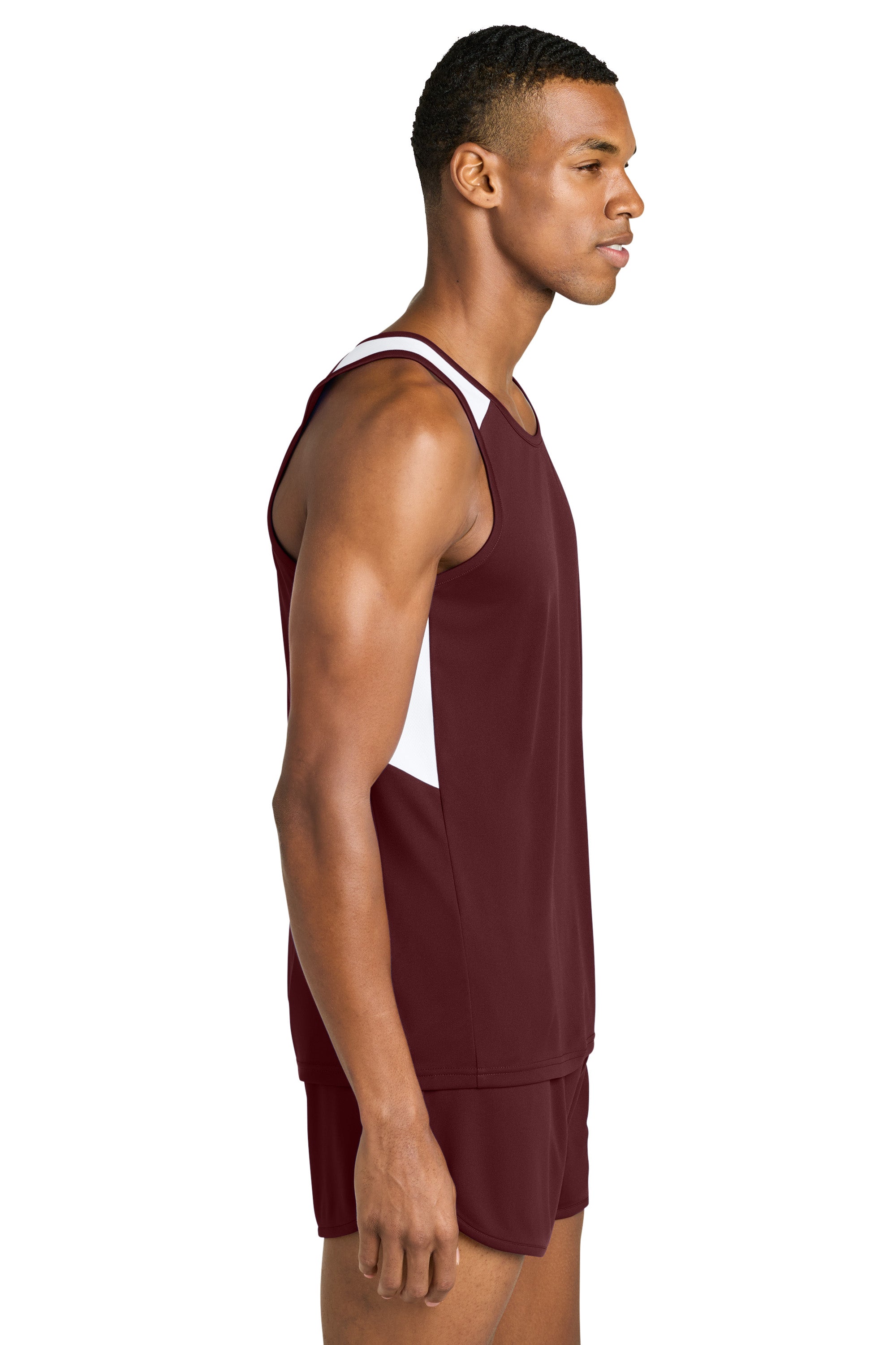 Sport-Tek ST446 Mens Club Track Tank Top Maroon/White Model Side