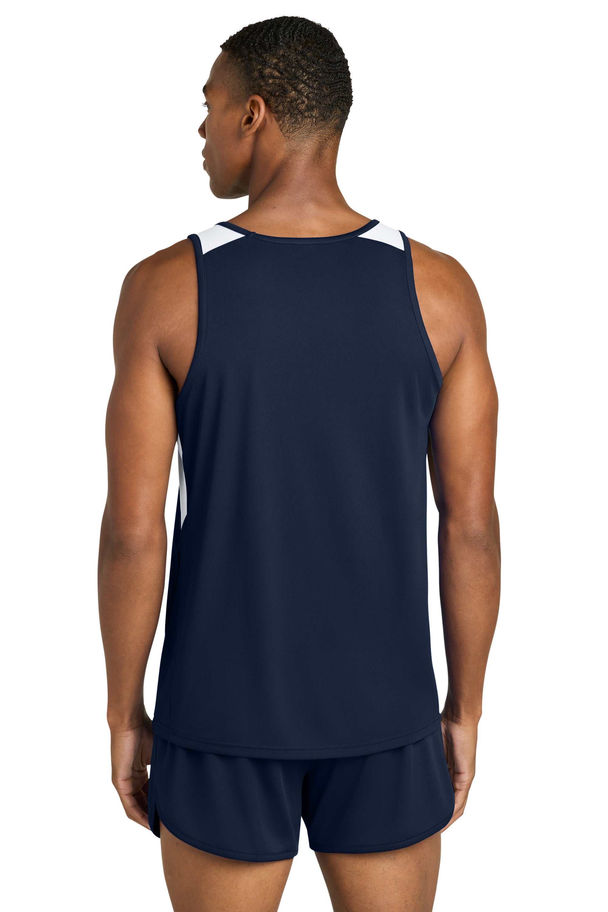 Sport-Tek ST446 Mens Club Track Tank Top True Navy Blue/White Model Back