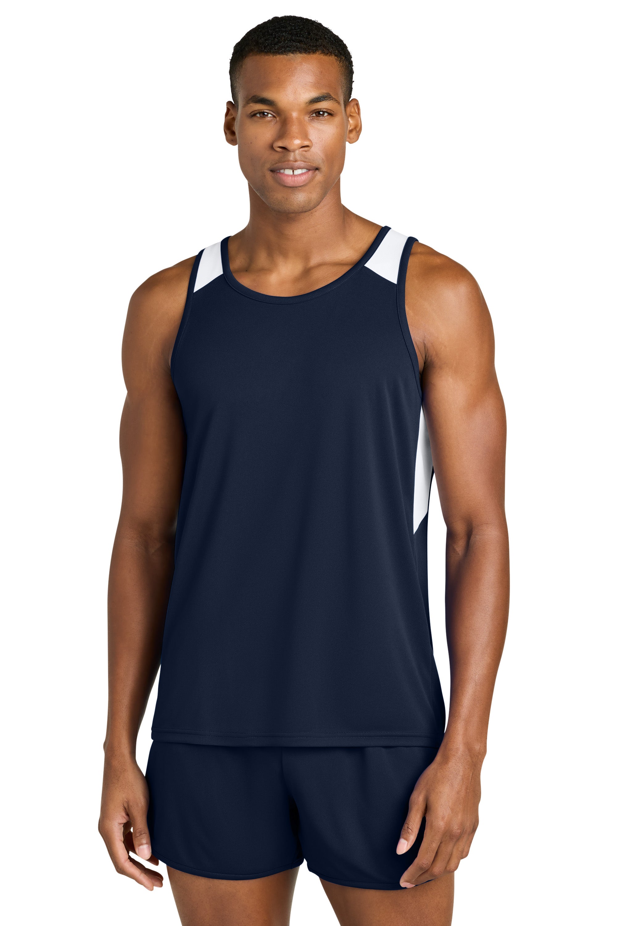 Sport-Tek ST446 Mens Club Track Tank Top True Navy Blue/White Model Front
