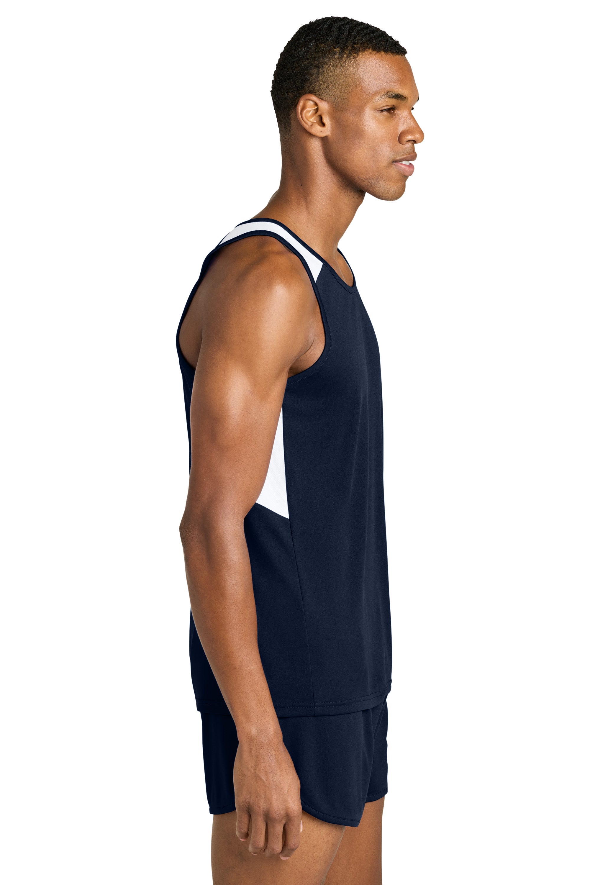 Sport-Tek ST446 Mens Club Track Tank Top True Navy Blue/White Model Side
