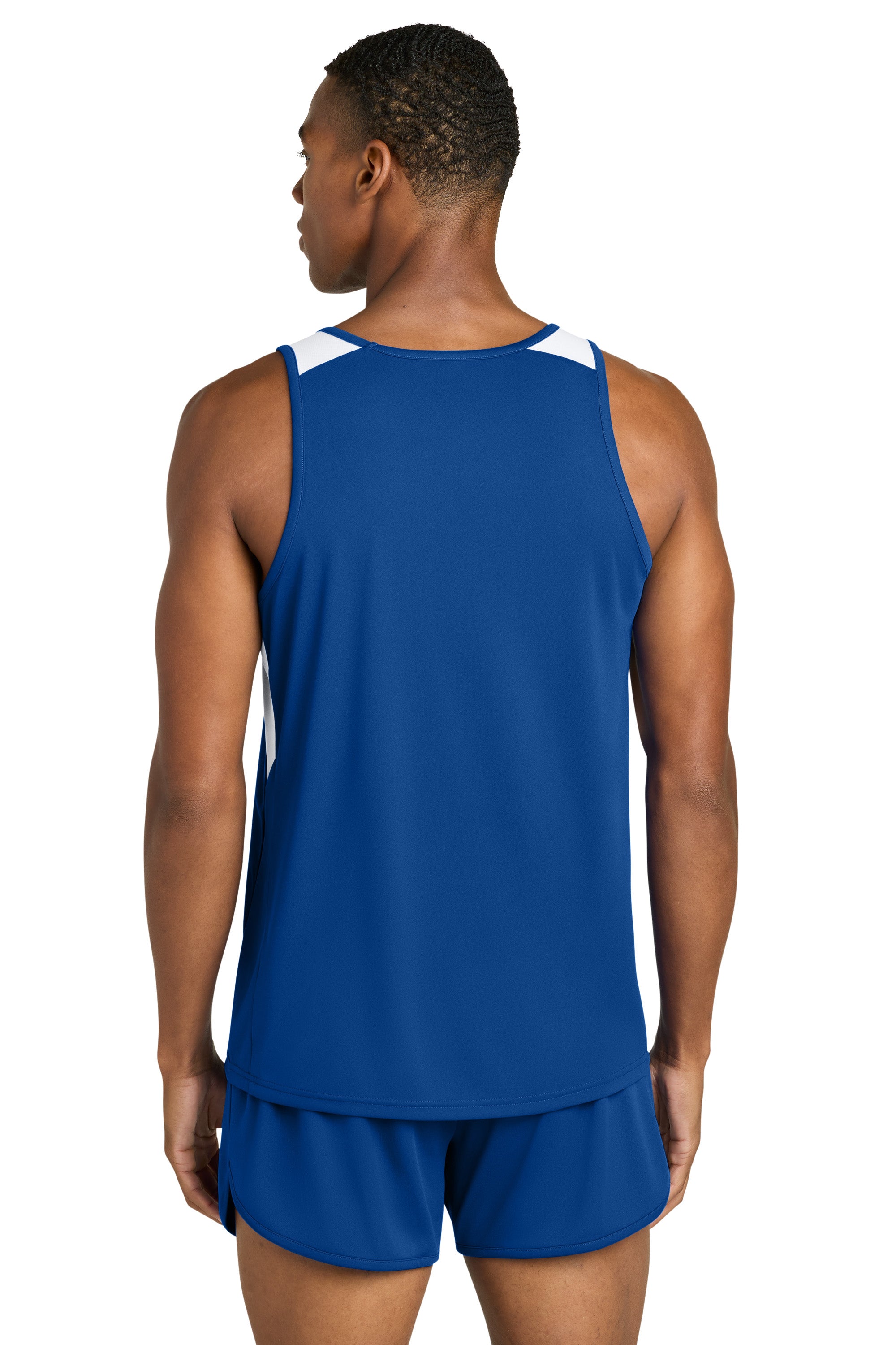 Sport-Tek ST446 Mens Club Track Tank Top True Royal Blue/White Model Back