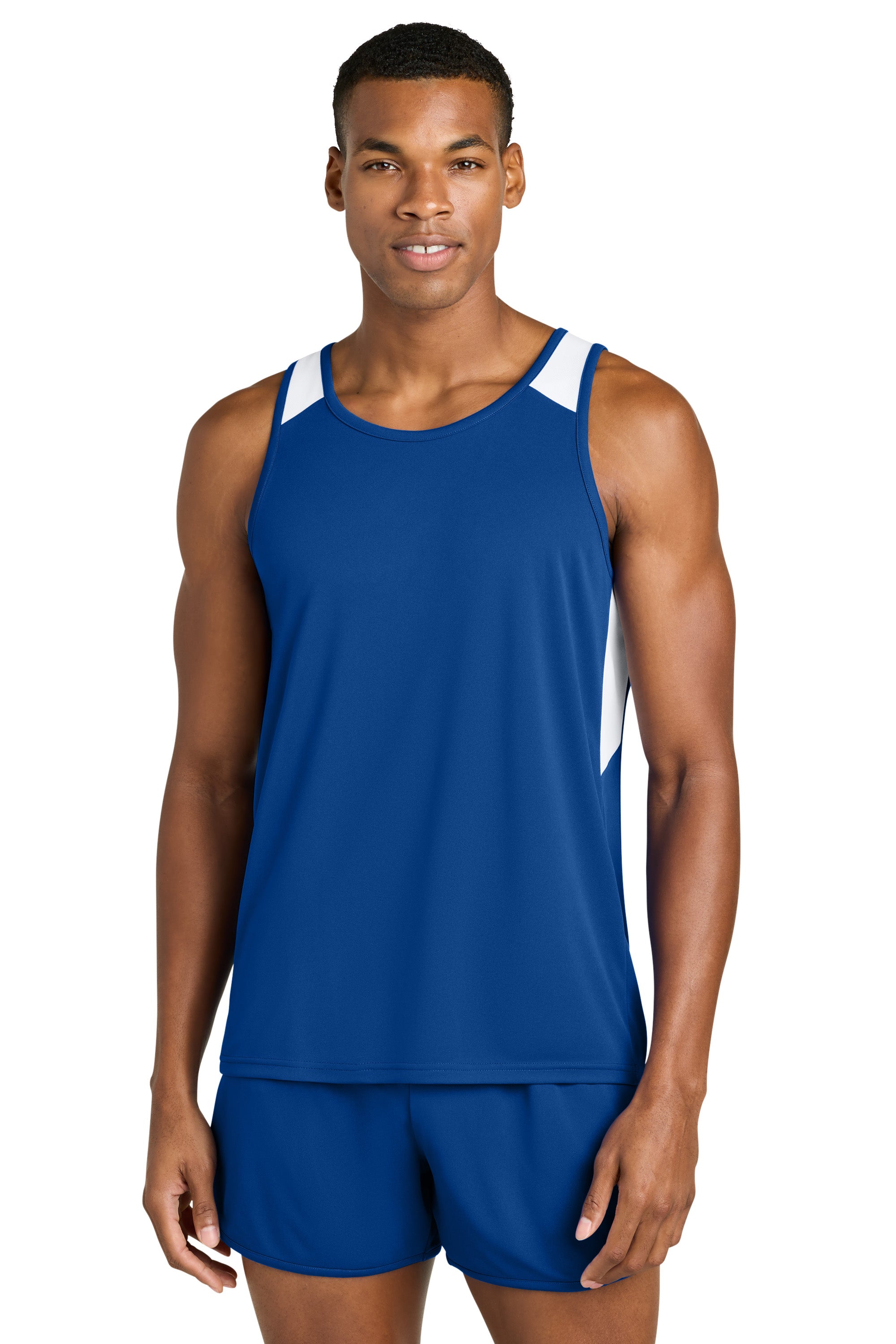 Sport-Tek ST446 Mens Club Track Tank Top True Royal Blue/White Model Front