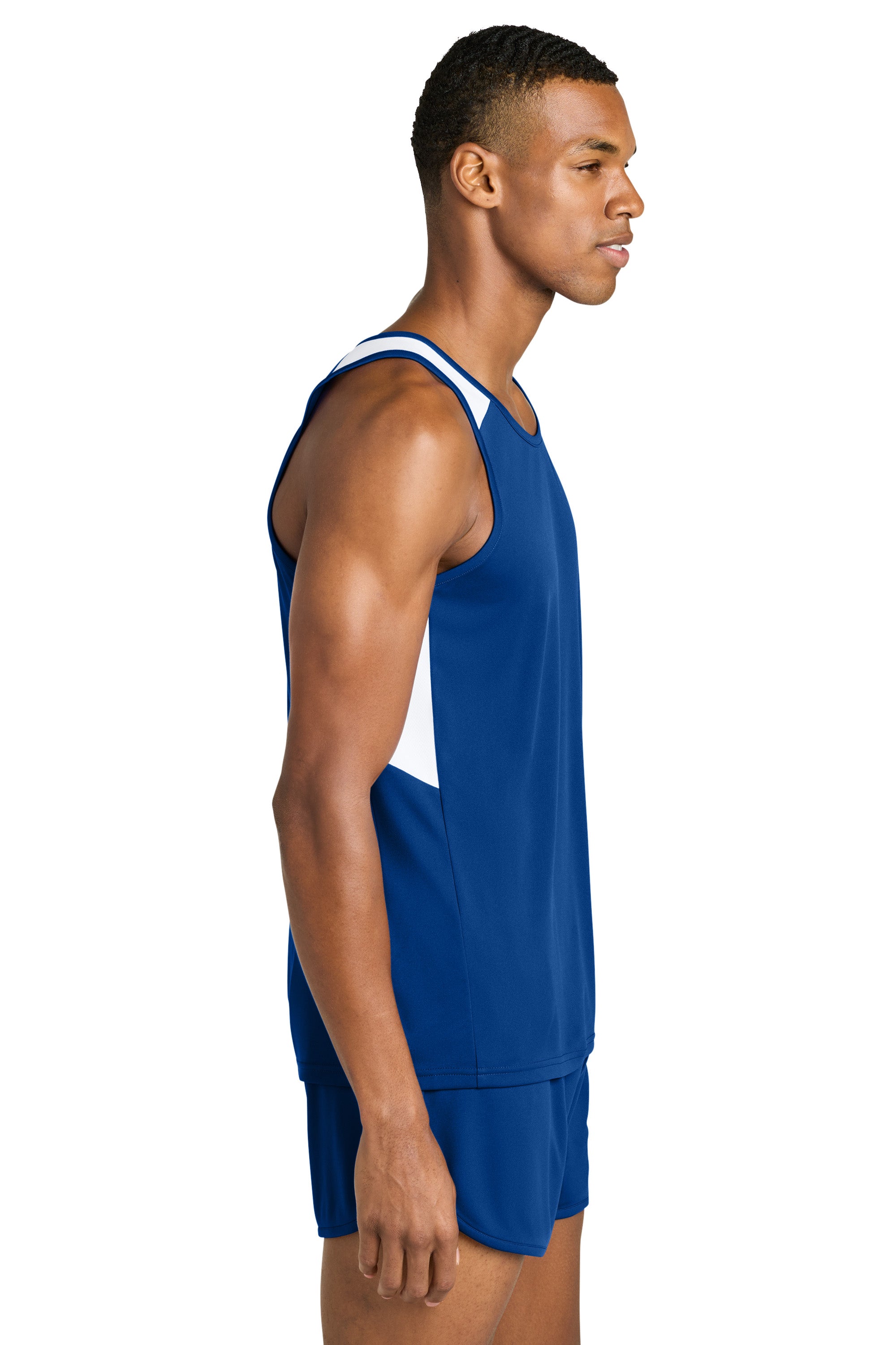 Sport-Tek ST446 Mens Club Track Tank Top True Royal Blue/White Model Side