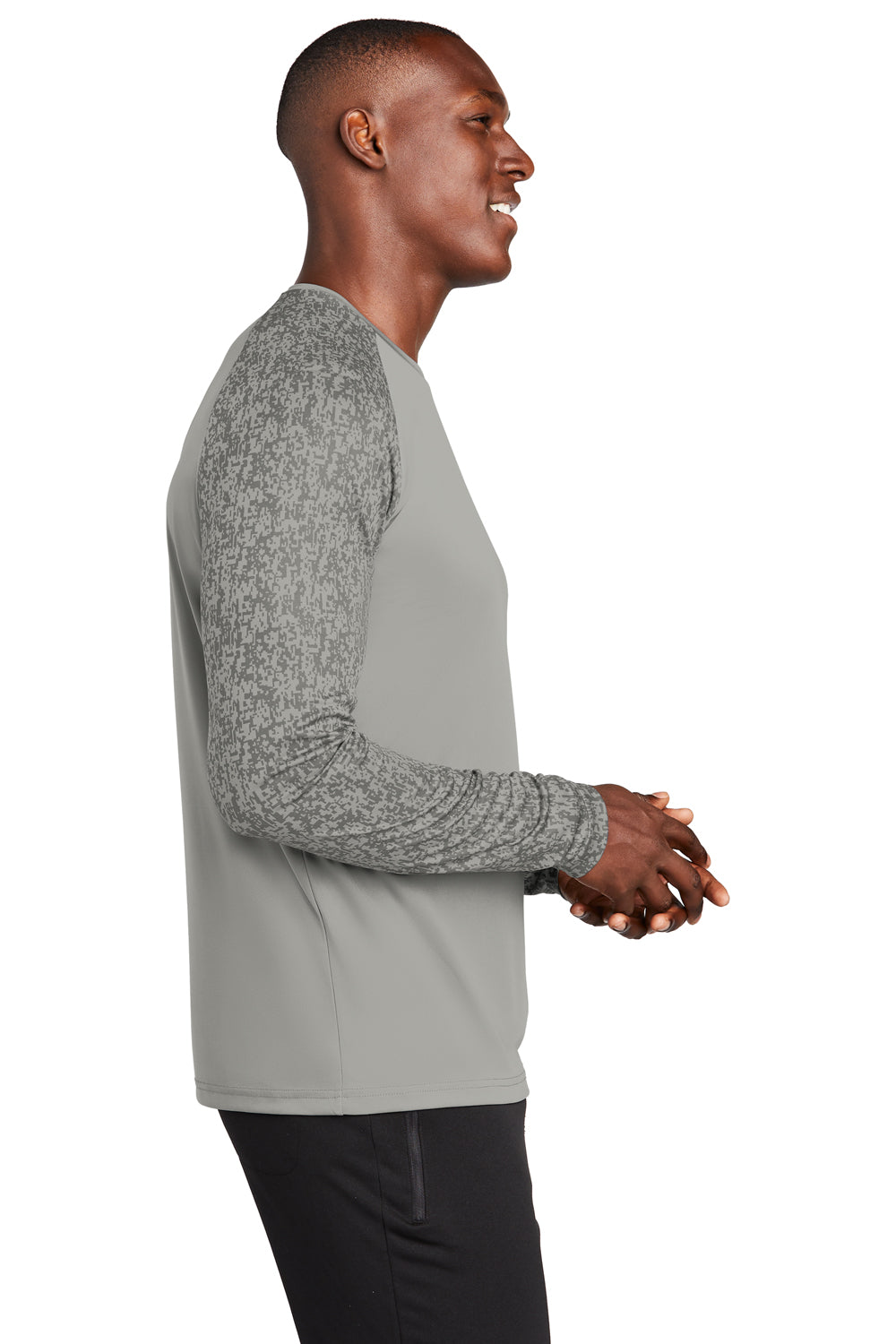Sport-Tek ST460LS Mens Digi Camo Moisture Wicking Long Sleeve Crewneck T-Shirt Concrete Grey Model Side