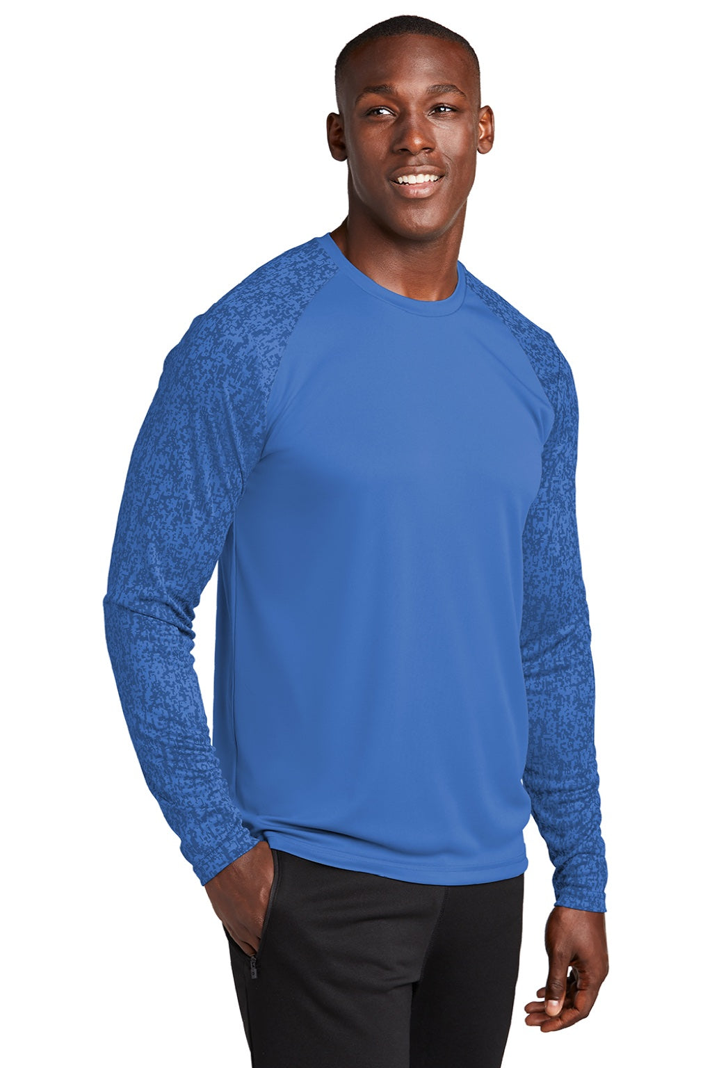 Sport-Tek ST460LS Mens Digi Camo Moisture Wicking Long Sleeve Crewneck T-Shirt Royal Blue Model 3q