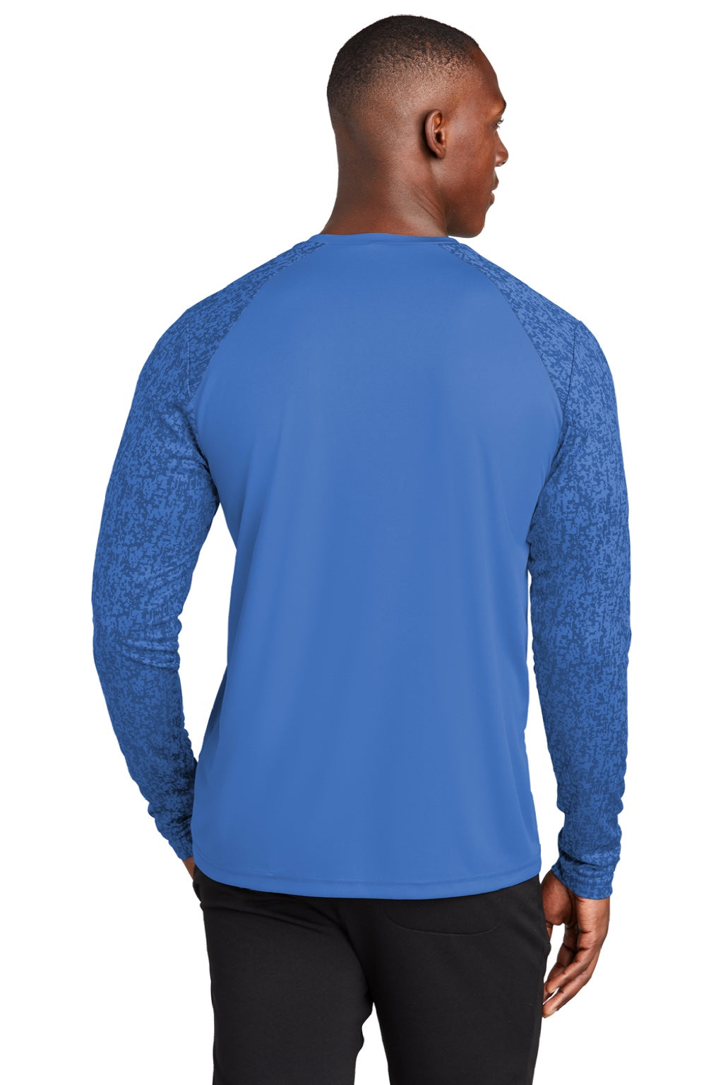 Sport-Tek ST460LS Mens Digi Camo Moisture Wicking Long Sleeve Crewneck T-Shirt Royal Blue Model Back