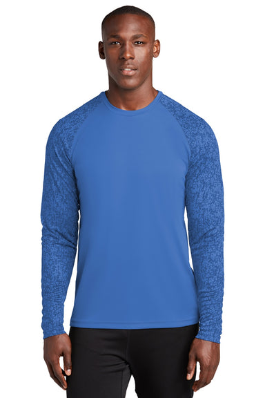Sport-Tek ST460LS Mens Digi Camo Moisture Wicking Long Sleeve Crewneck T-Shirt Royal Blue Model Front