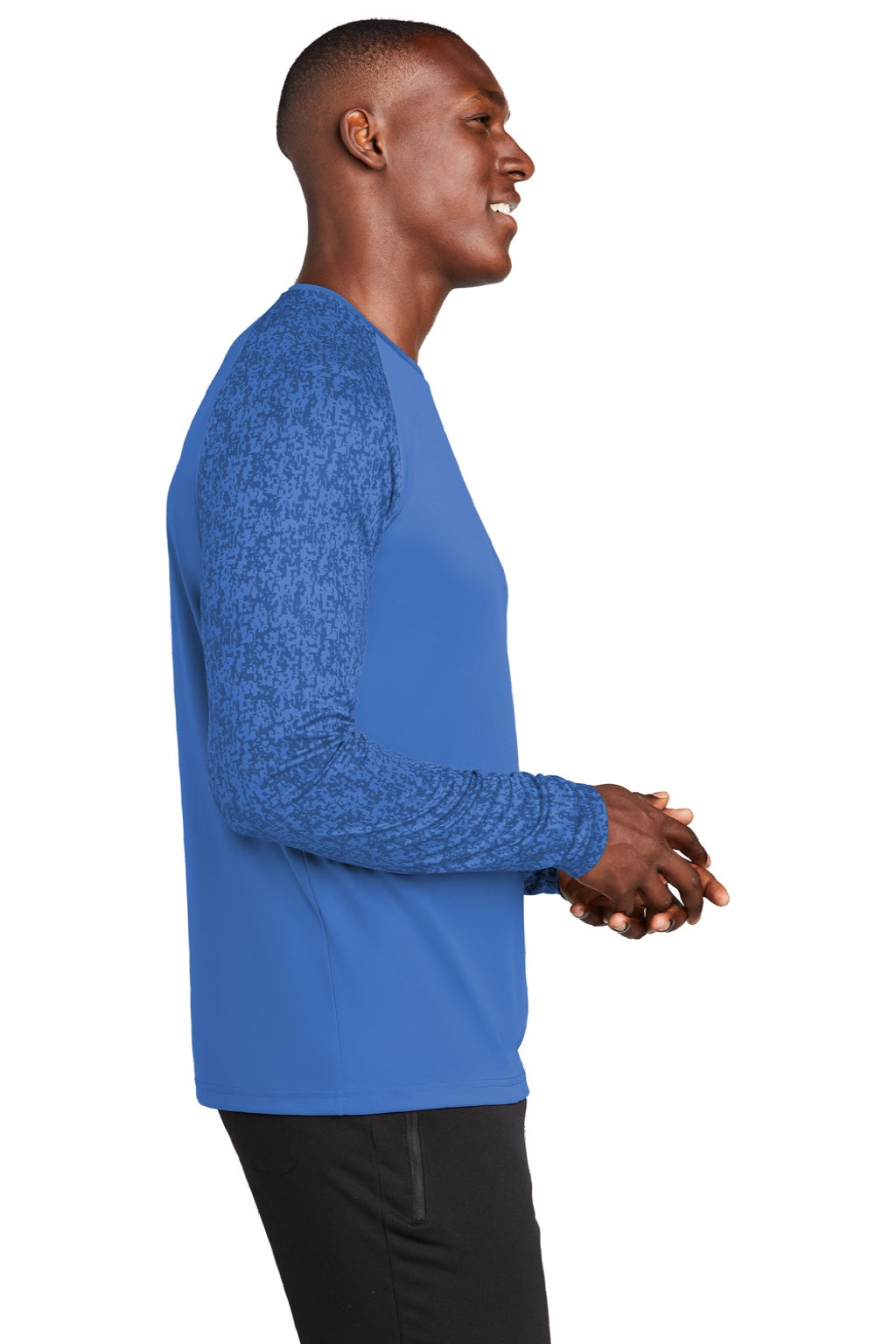 Sport-Tek ST460LS Mens Digi Camo Moisture Wicking Long Sleeve Crewneck T-Shirt Royal Blue Model Side