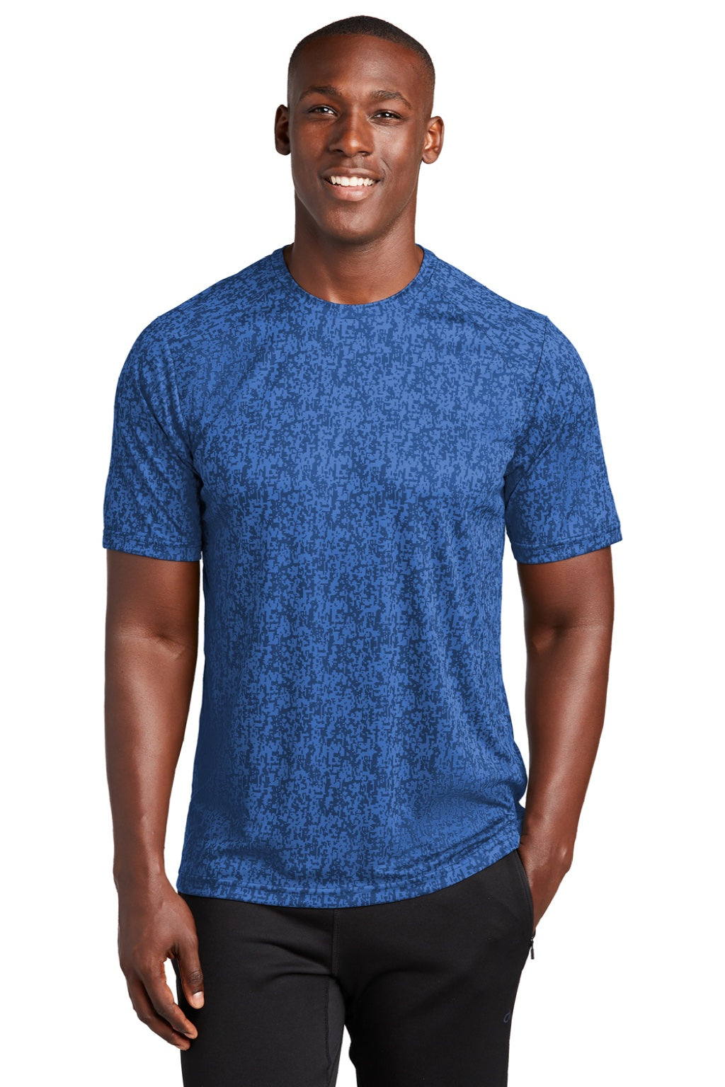 Sport-Tek ST460 Mens Digi Camo Moisture Wicking Short Sleeve Crewneck T-Shirt Royal Blue Model Front