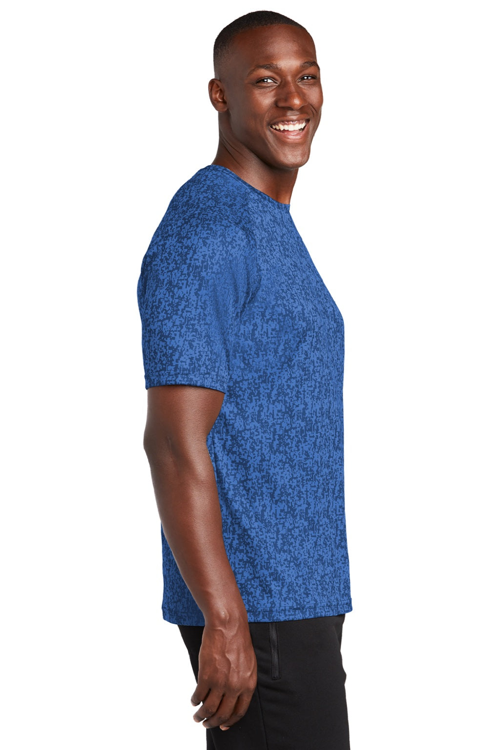 Sport-Tek ST460 Mens Digi Camo Moisture Wicking Short Sleeve Crewneck T-Shirt Royal Blue Model Side
