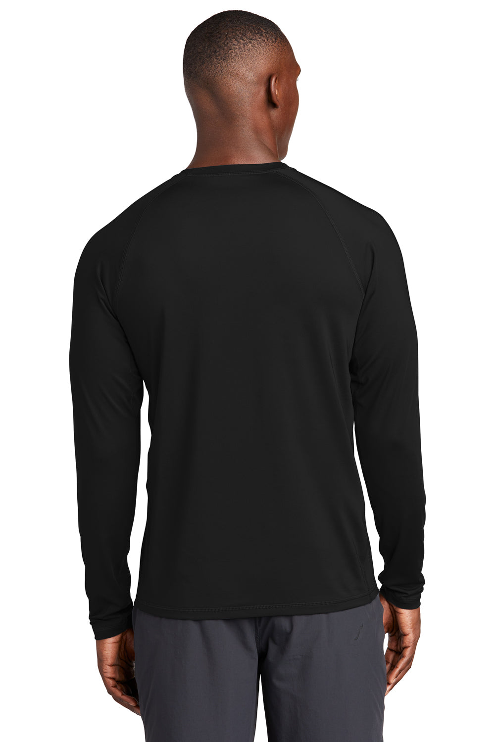 Sport-Tek ST470LS Mens Rashguard Moisture Wicking Long Sleeve Crewneck T-Shirt Black Model Back