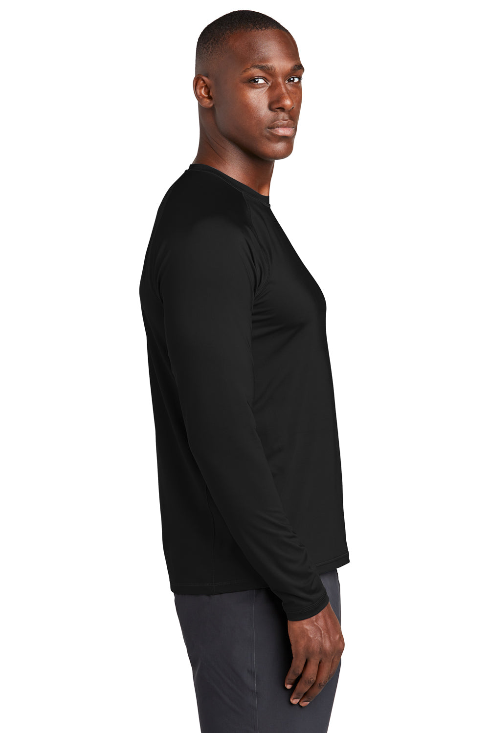 Sport-Tek ST470LS Mens Rashguard Moisture Wicking Long Sleeve Crewneck T-Shirt Black Model Side