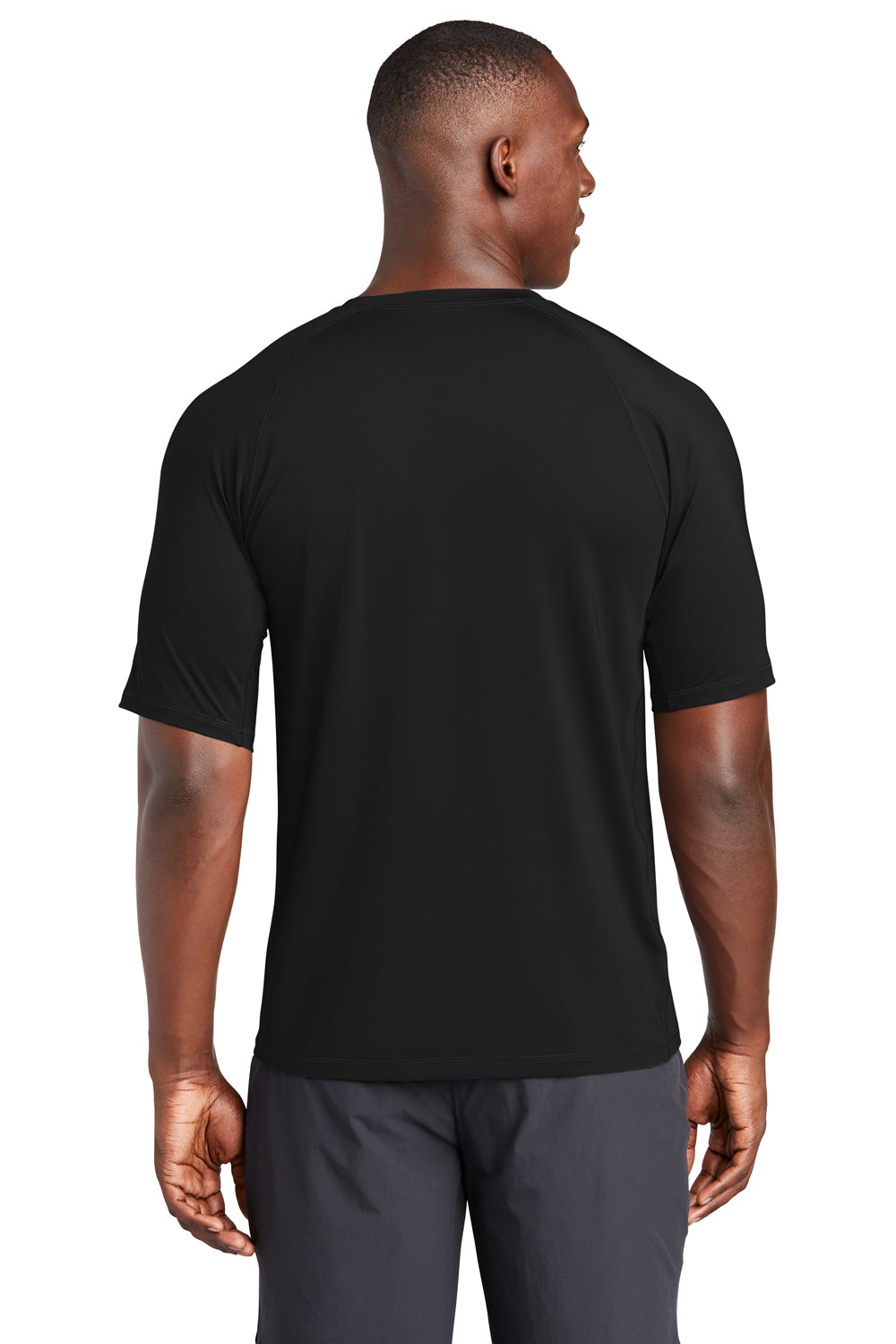 Sport-Tek ST470 Mens Rashguard Moisture Wicking Short Sleeve Crewneck T-Shirt Black Model Back