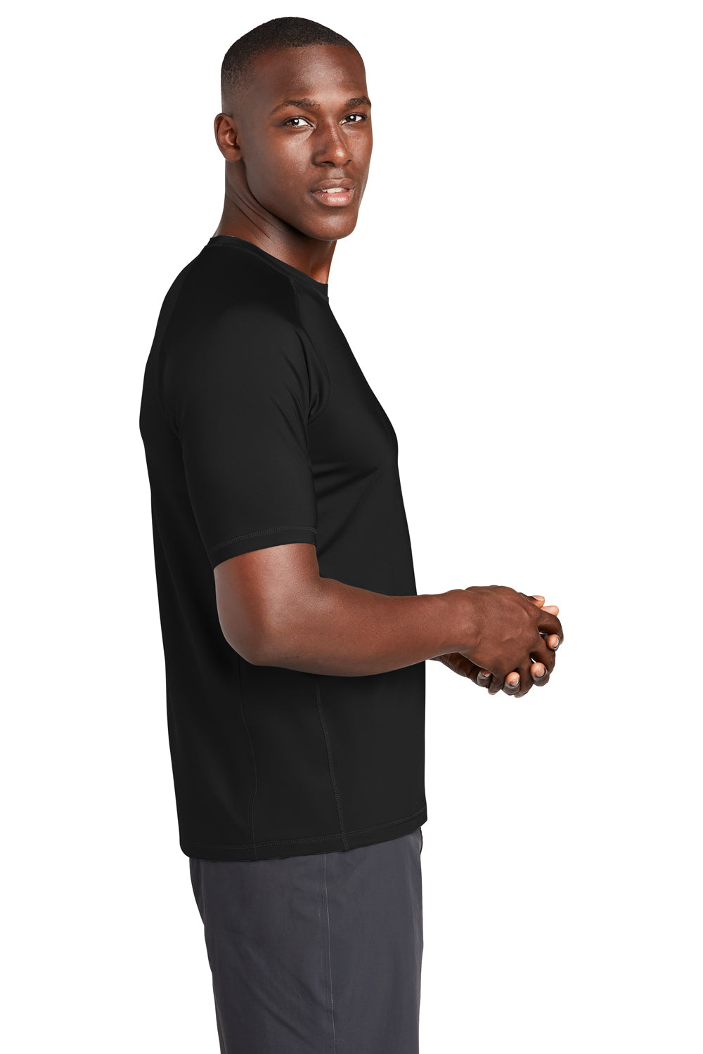 Sport-Tek ST470 Mens Rashguard Moisture Wicking Short Sleeve Crewneck T-Shirt Black Model Side
