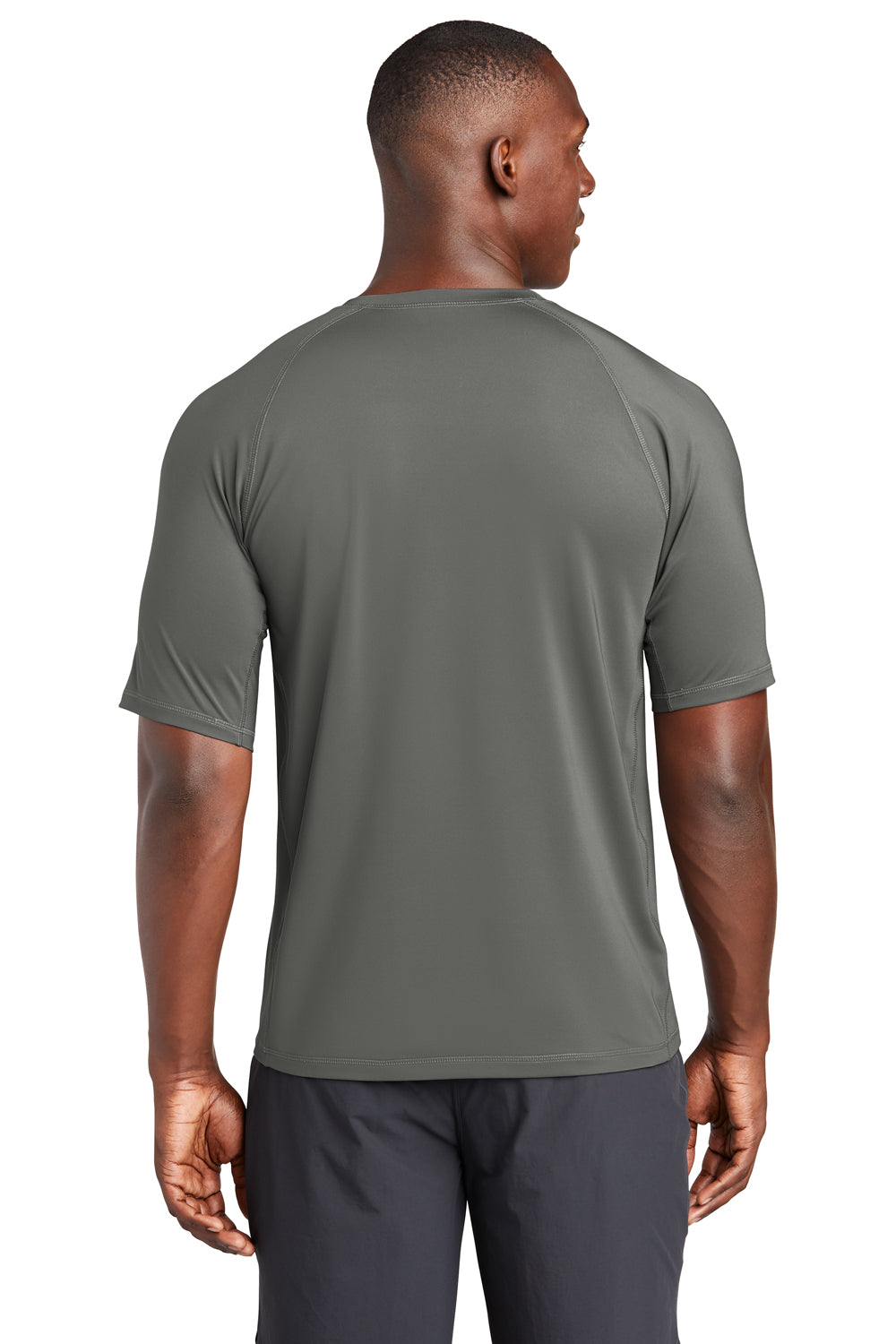 Sport-Tek ST470 Mens Rashguard Moisture Wicking Short Sleeve Crewneck T-Shirt Dark Smoke Grey Model Back