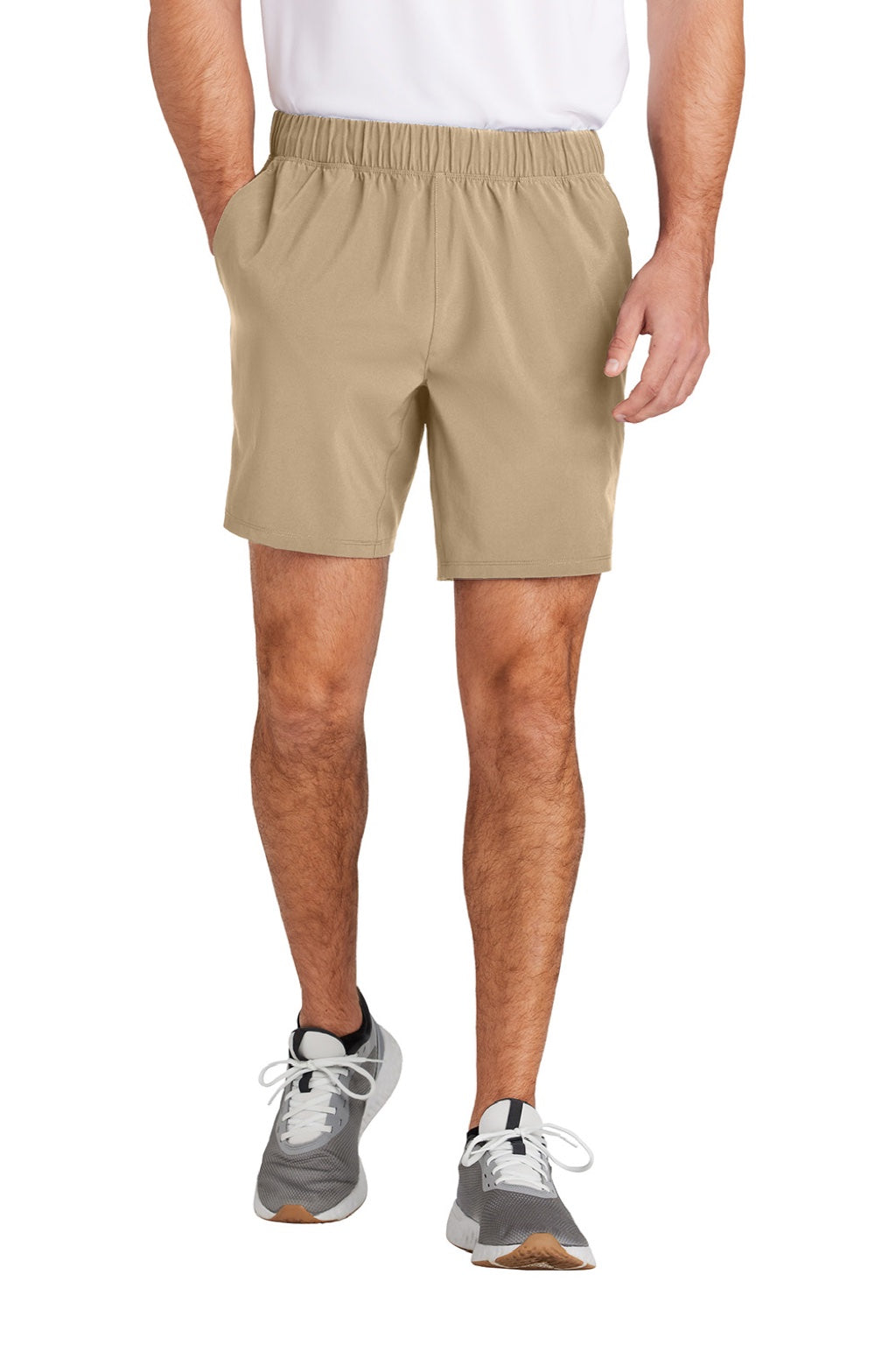 Sport-Tek ST485 Mens Repeat Moisture Wicking Shorts w/ Pockets Sport Khaki Brown Model Front